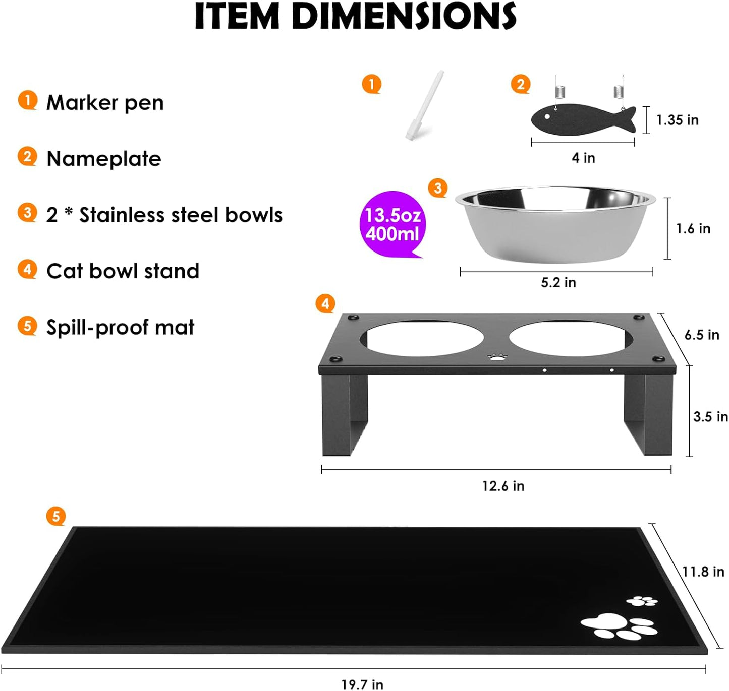 Elevated Cat Bowls with Splash Proof Mat for Kitten Puppy, 10° Tilted Raised Bowl Stand Anti-Vomiting, 2 Wide Shallow Stainless Steel Bowls, Whisker Friendly, 3.5" Tall