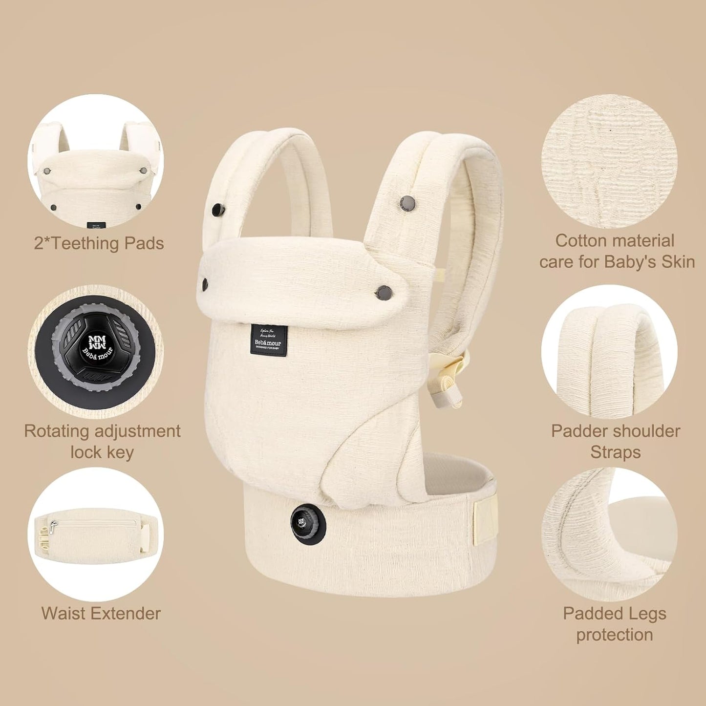 Bebamour Baby Carrier Ergonomic Infant Carrier for 7-32lbs, Adjustable Knob for Baby Hip Healthy Develop, Soft Cotton Infant Carrier,Front and Back Baby Carrier with 2 Teething Pads (White)