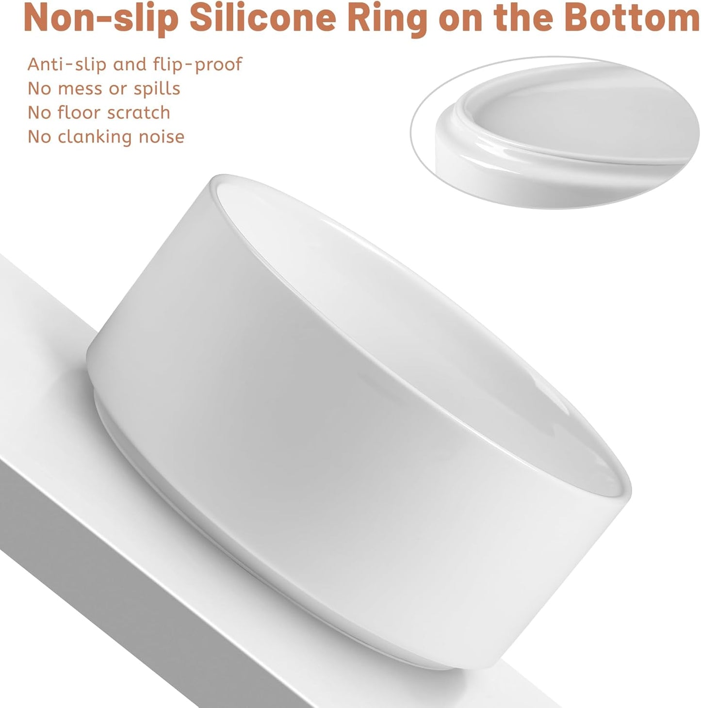Non Slip Dog Bowls, Heavy Ceramic Dog Food and Water Bowl with Silicone Base, Pet Feeding Bowl for Puppies, Small and Medium Dogs (Glossy White, 6 Inches)