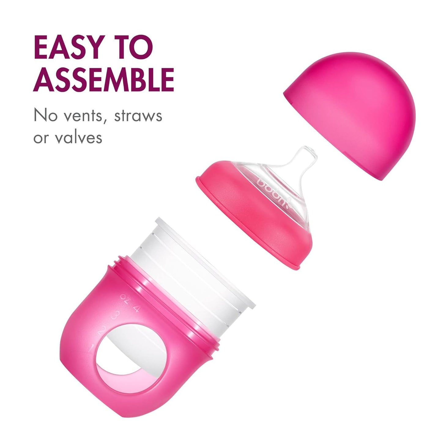Boon Nursh Reusable Silicone Pouch Baby Bottles - Slow Flow Nipple - Silicone Baby Bottle Pouch and Nipple - Baby Feeding Essentials - Pink - 0-3 Months - 3 Count - 4 Ounce