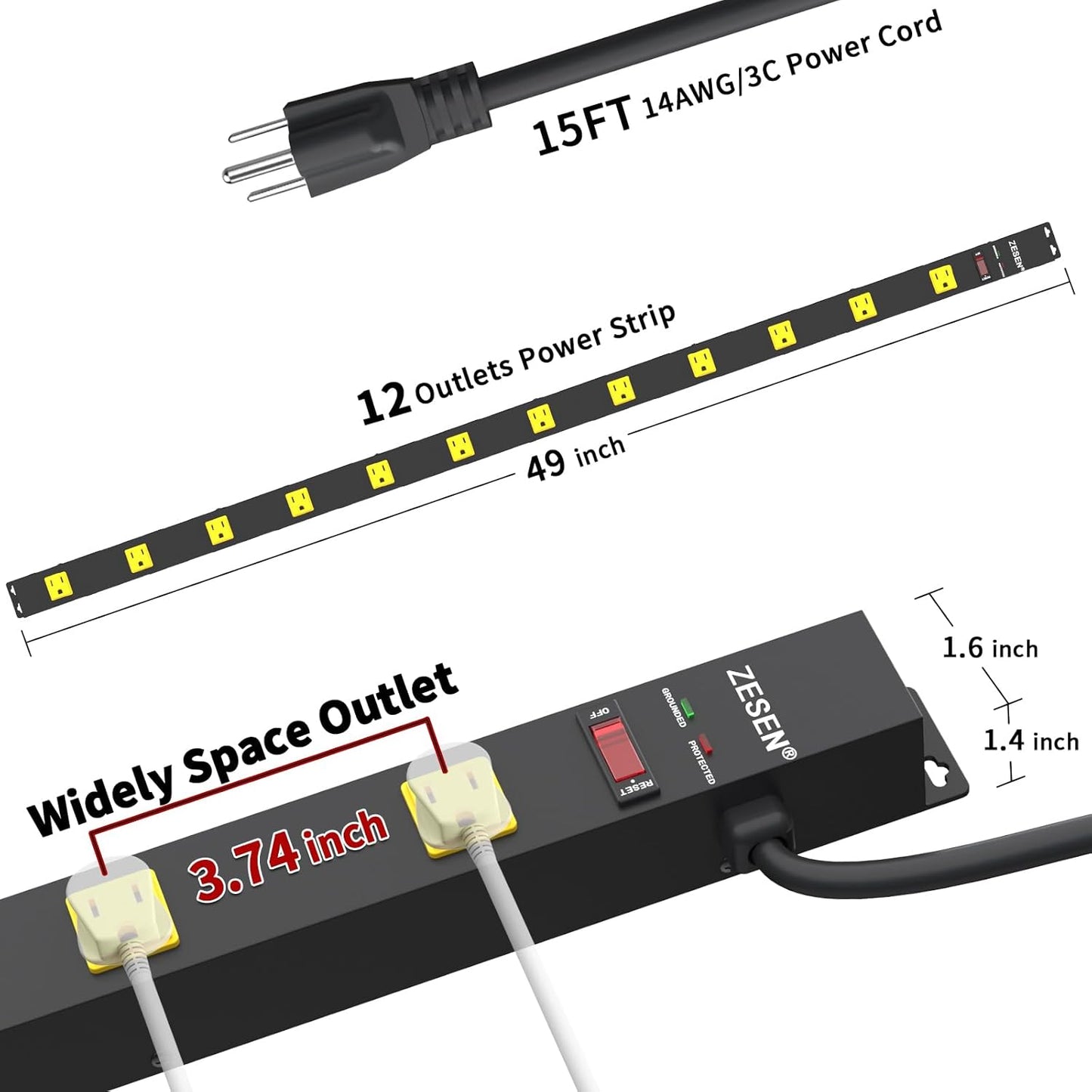 12 Outlet Industrial Long Power Strip with 15Ft Cord, 1875W Heavy Duty Metal Power Strip with Wide-Spaced Outlets & Overload Protection, ETL Listed for Garage, Workshop, Office, Home
