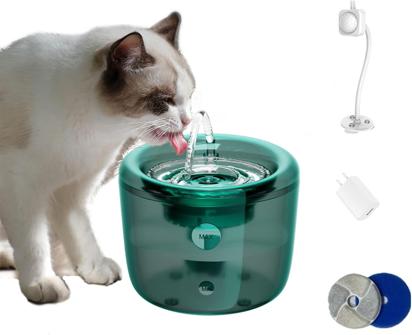 Cat Water Fountain 1.6L/54oz, Pet Water Fountain with Visible Water Level and Smart Pump, Super Quiet Automatic Cat Dog Water Bowl Dispenser with Filter for Dogs Cats,Green