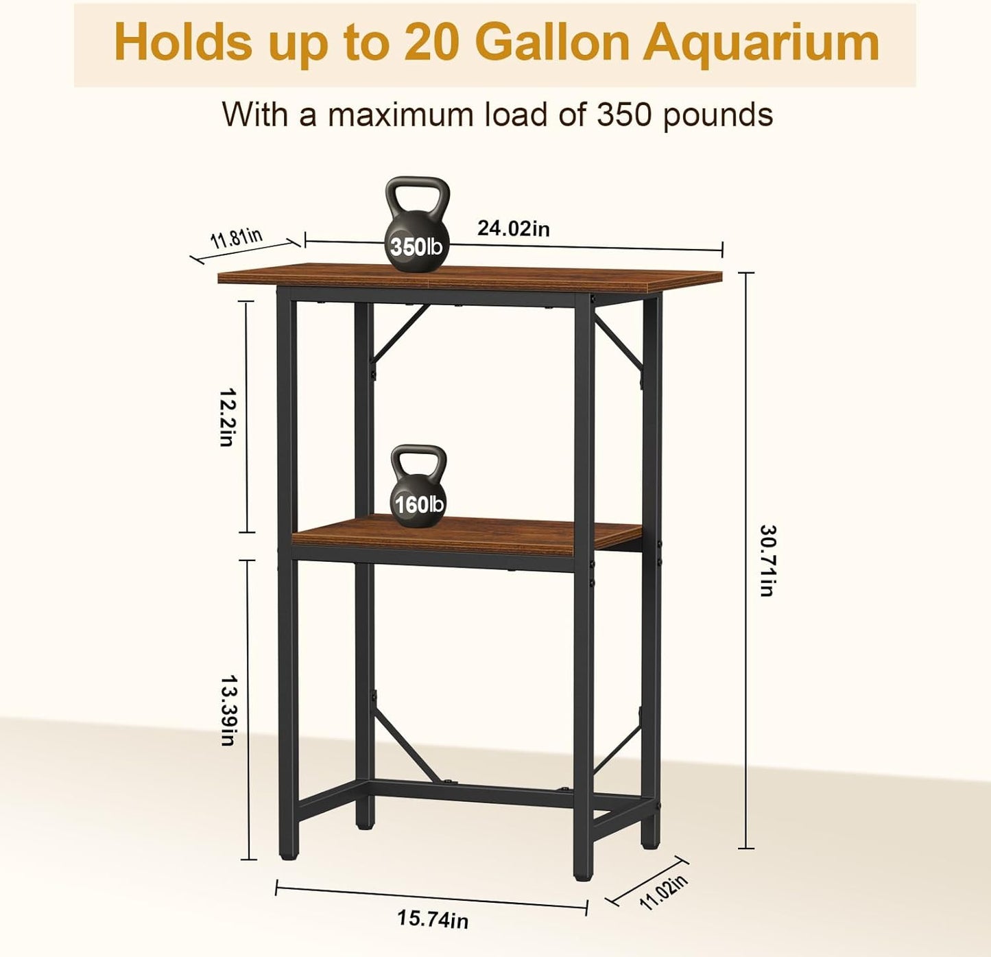 Snughome 10-20 Gallon Fish Tank Stand, Aquarium Stand 2-Tier Storage Shelves, Heavy Duty Terrarium Stand for Home Office Fish Tank Shelf, 24" L x 11.81" W x 30.71" H, Rustic Brown