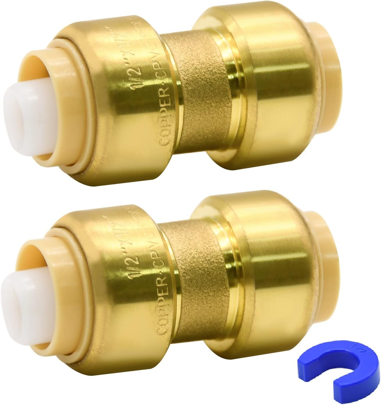 2 Pack Push-to-Connect Plumbing Fittings, 1/2" Pushfit Straight Fittings with Disconnect Clip for Copper, PEX, CPVC Pipe