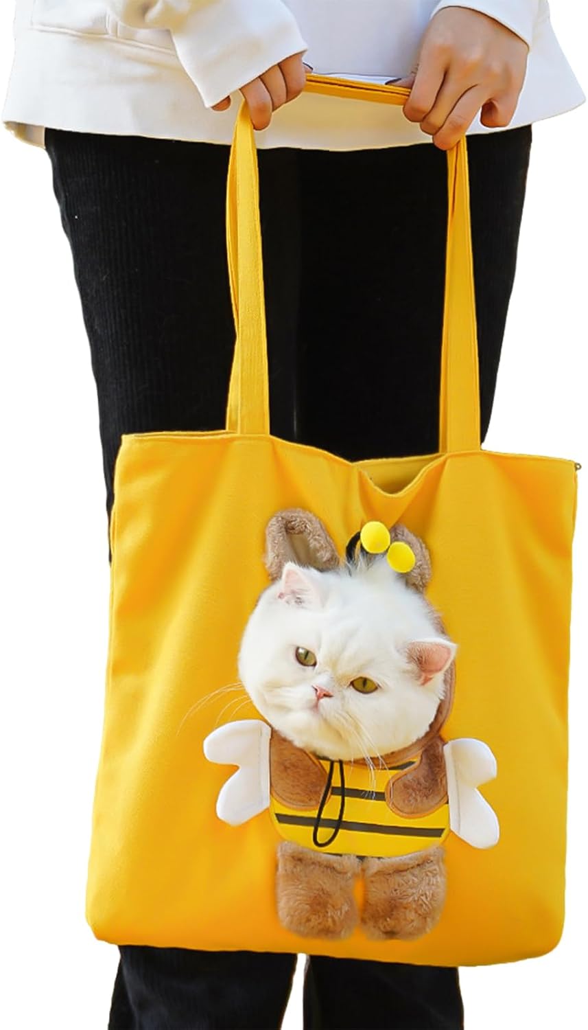 Cat Carrier Pouch - Animal Sling, 1pc Animated Kitten Tote for Shoulder Carrying, Fleece Chest Pack with Safety Leashes, Travel Equipment, Soft Sided Satchel for Strolling, Errands and Subway Trips