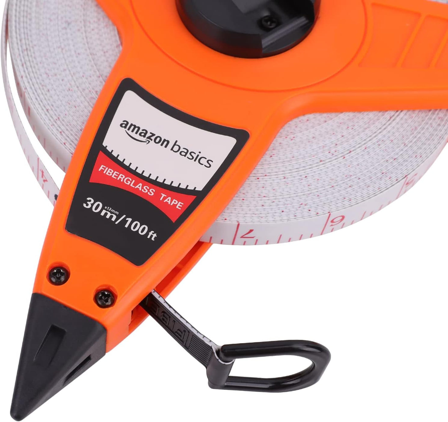 Amazon Basics Open Reel Fiberglass Measuring Tape, Inch/Metric Scale, Impact Resistant Shell, 100-feet (30-Meters) by 1/2-Inch, Orange
