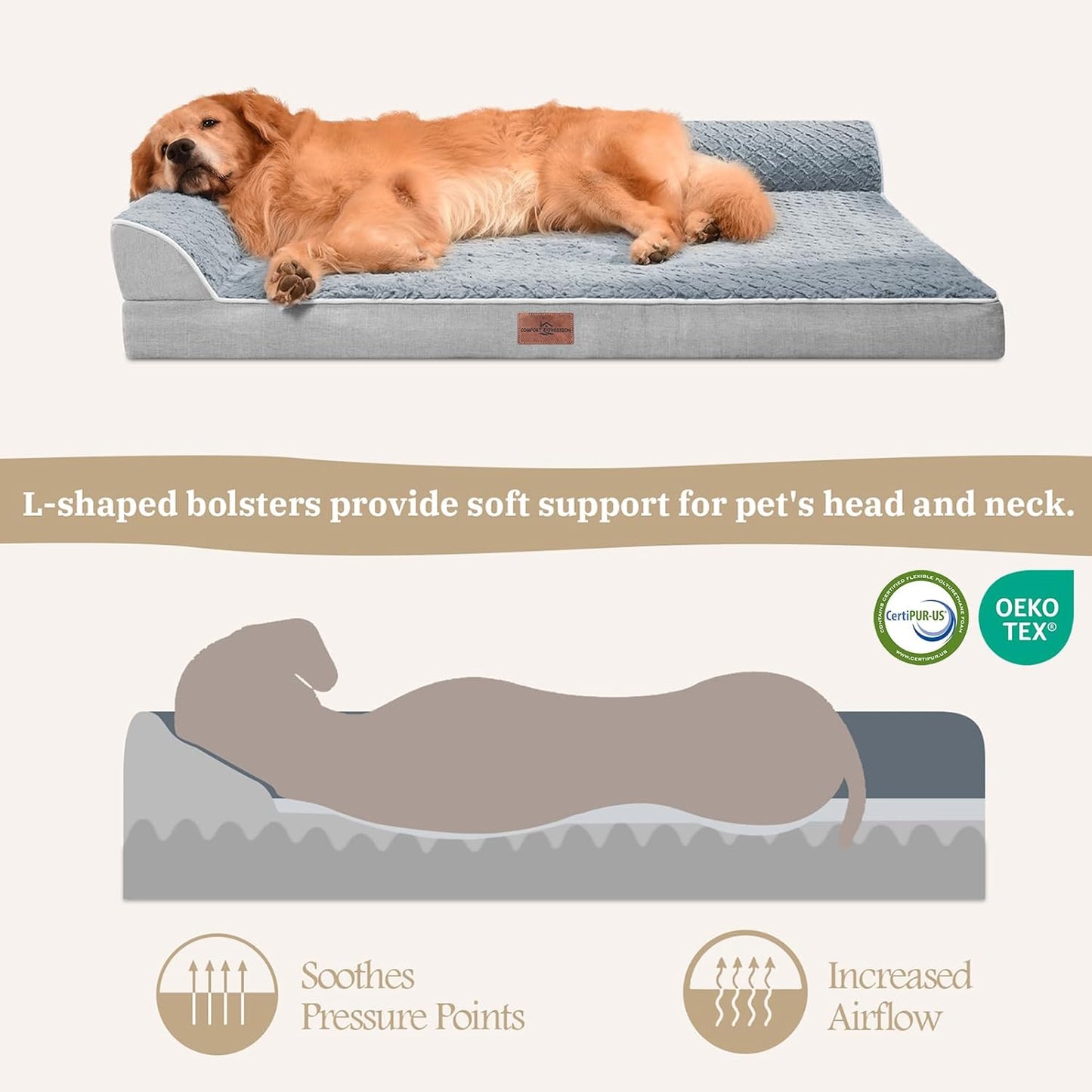 Comfort Expression XL Dog Bed Orthopedic, Extra Large Dog Beds with Comfy Bolsters, Waterproof Dogs Bed, Pet Bed Sofa with Removable Washable Cover and Nonskid Bottom(X-Large,Grey)