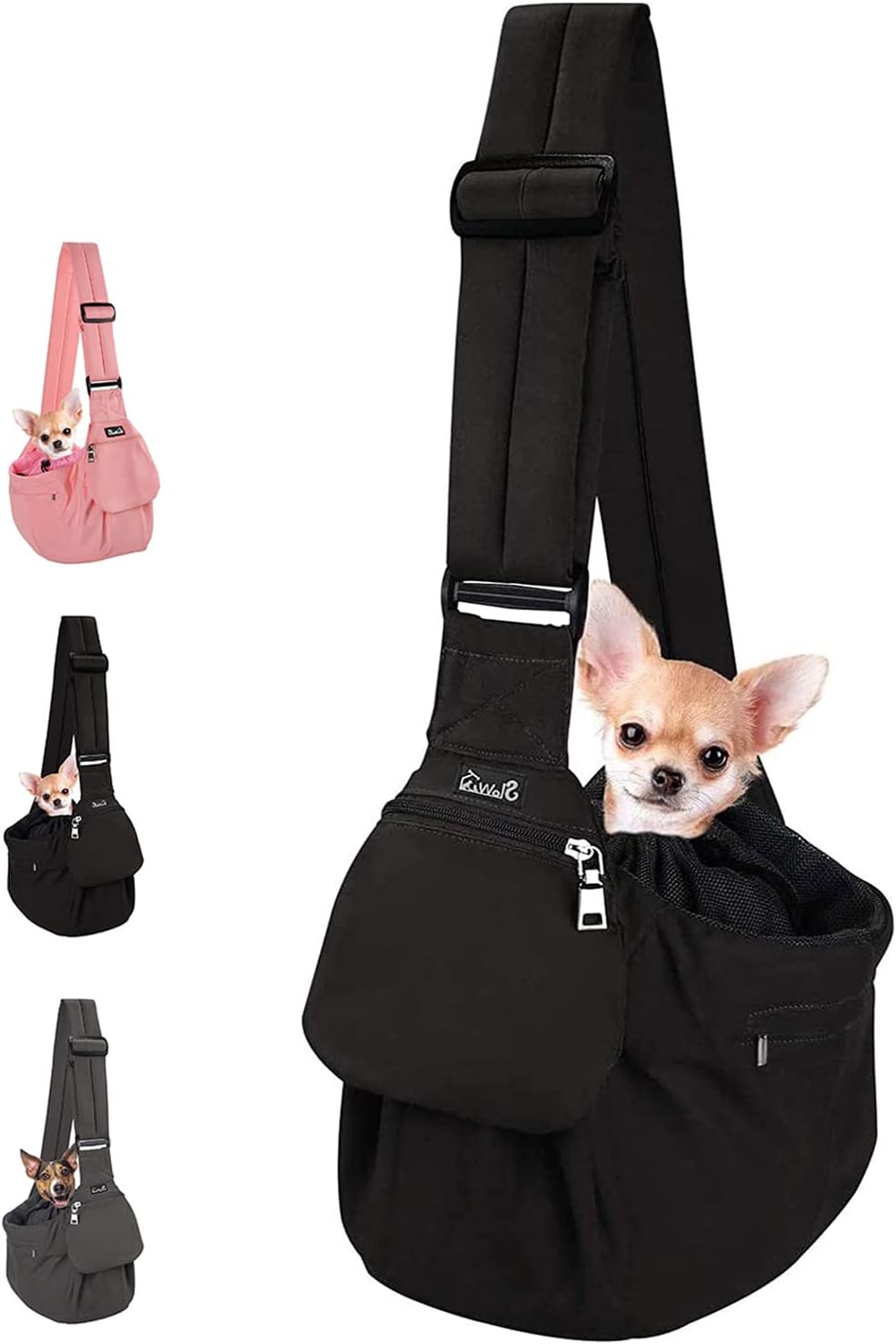 Lukovee Dog Sling Carrier, Hard Bottom Support & Adjustable Soft Padded Shoudler Strap Dog Slings for Small Dogs, Dog Purse with Drawstring Mesh Opening & Zipper Pockets for Puppy Cat Pet (Black)