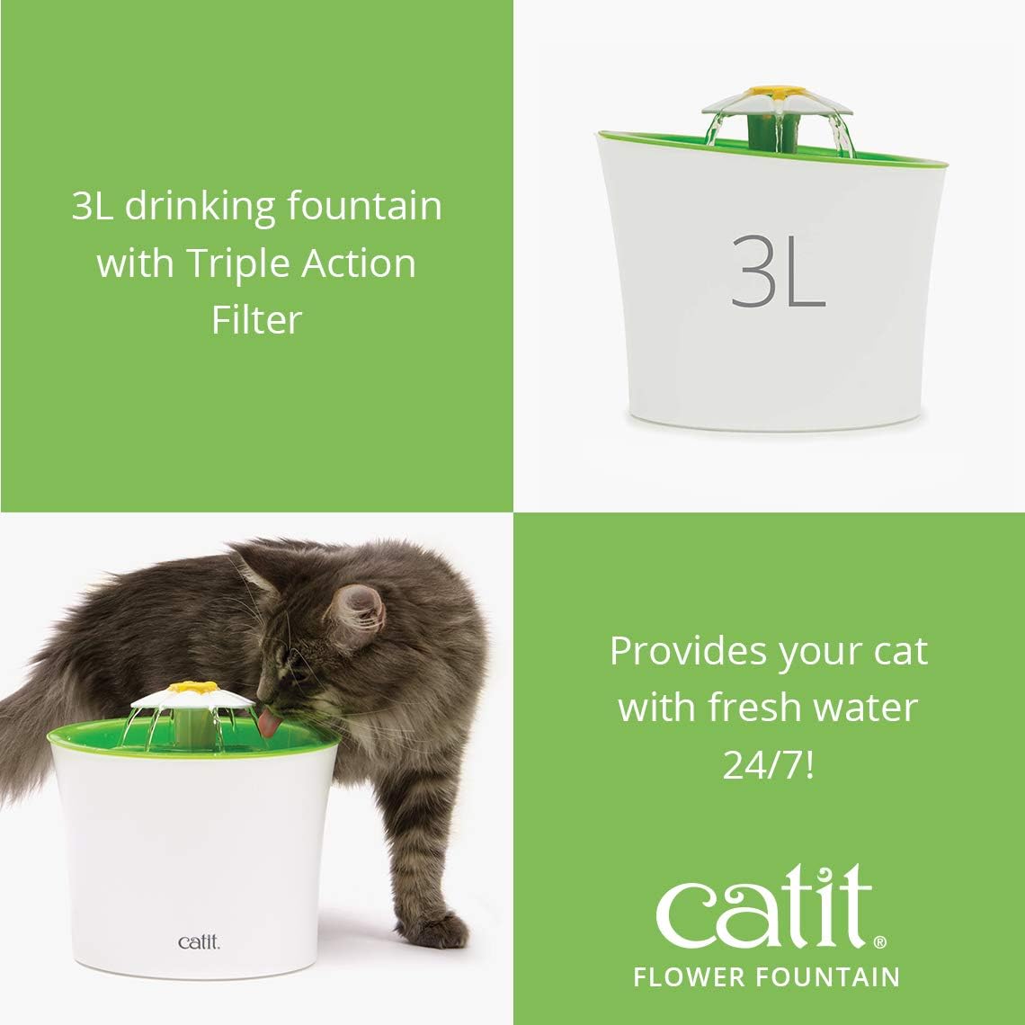 Catit LED Flower Fountain with Triple Action Filter, Cat Drinking Water Fountain, 3 L