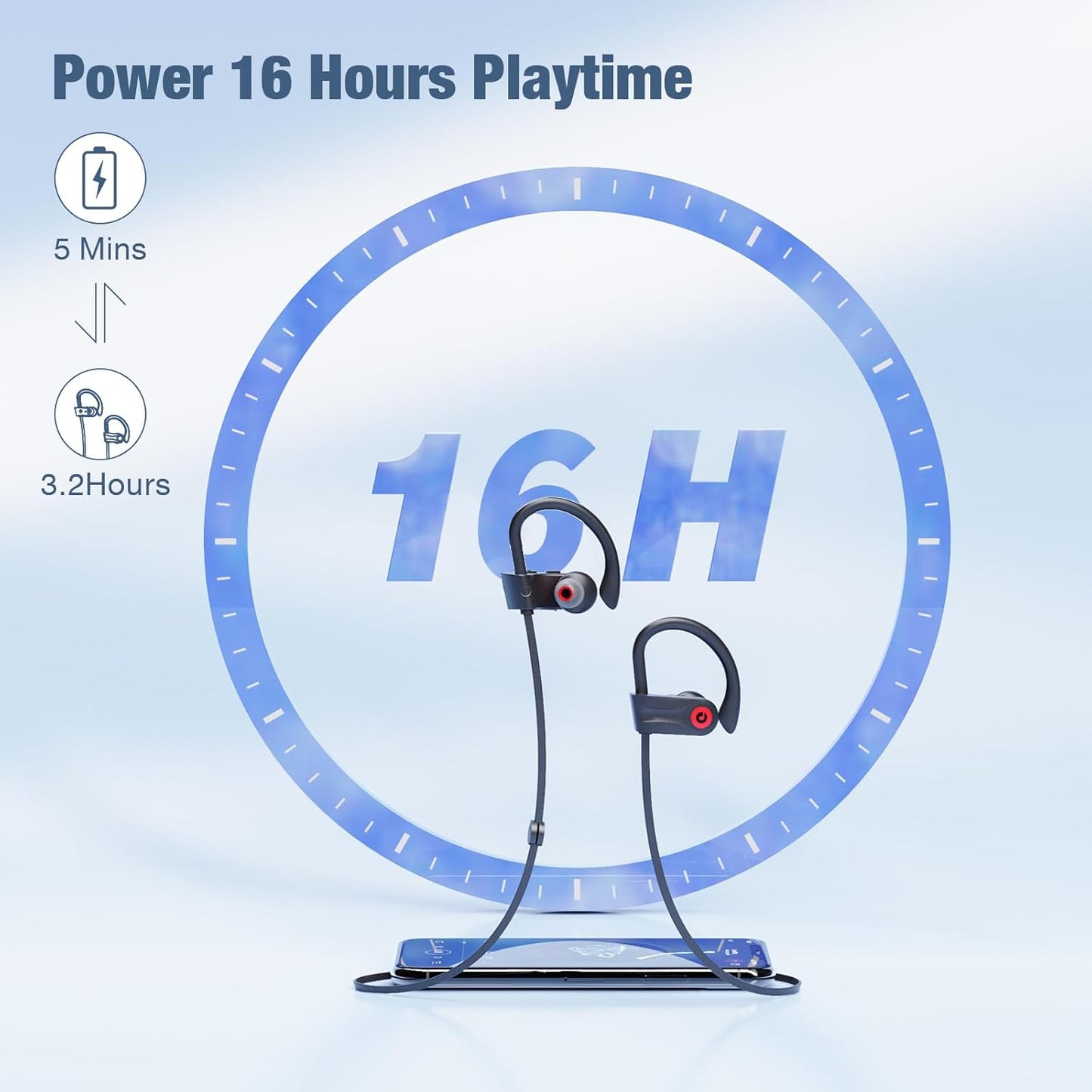 Boean Bluetooth Headphones, Wireless Headphones with 16 Hours Playtime Bluetooth 5.3 Wireless Earbuds HD Deep Bass Stereo Sound Isolation IPX7 Waterproof Earphones for Workout Running Sports