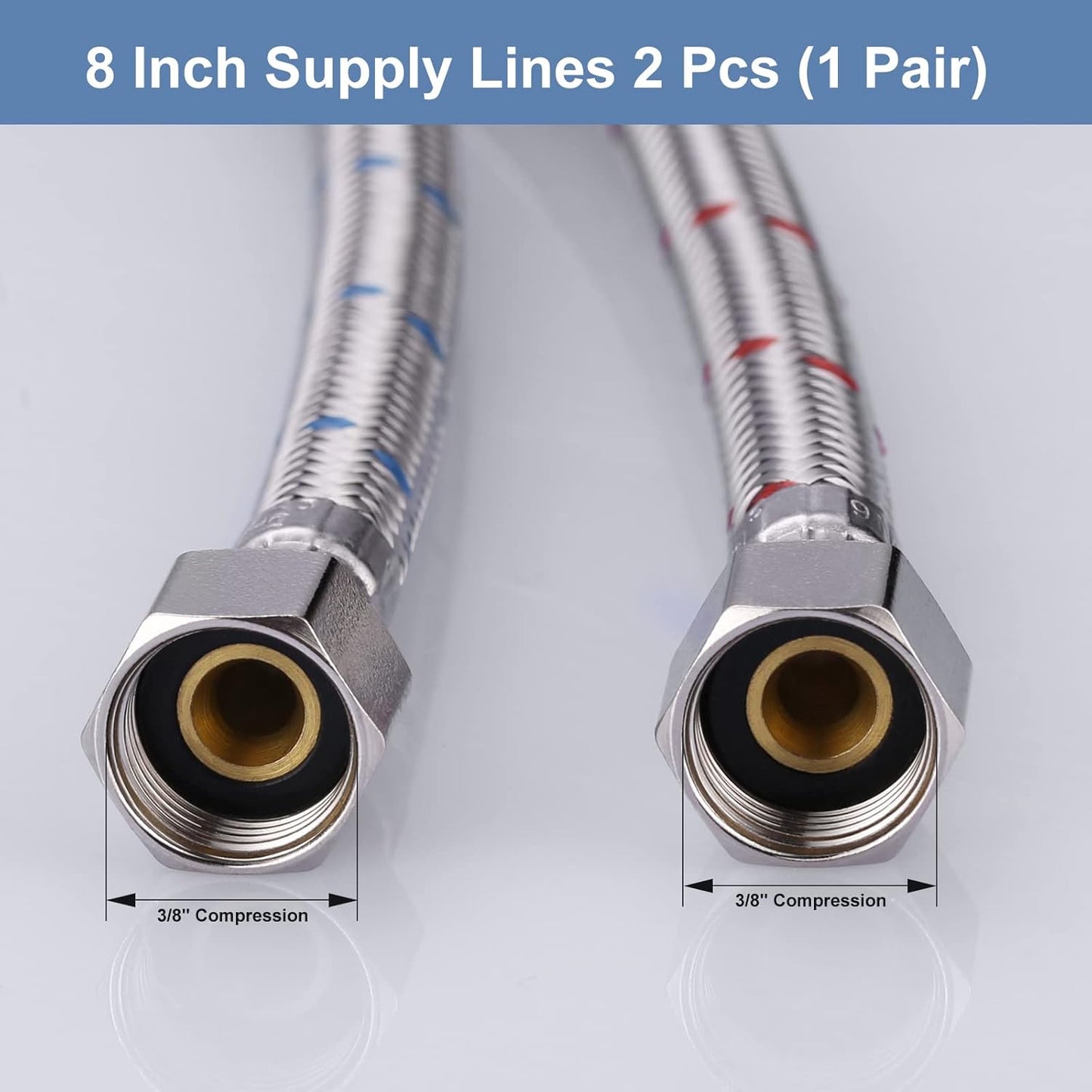 Faucet Supply Lines 3/8" to 3/8" Female Compression Thread 1 Pair, ARCORA 9“ Faucet Hose Connects Kitchen Bathroom Sink to Water Supply