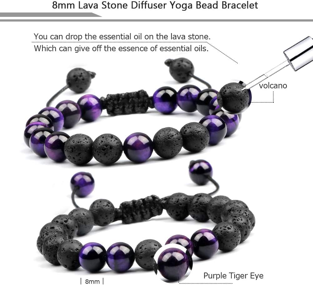 Tiger Eye Lava Rock Bracelet, 8mm Natural Tiger Eye Beads Stone, Adjustable Aromatherapy Essential Oil Diffuser, Lava Bracelet Gifts for Men and Women