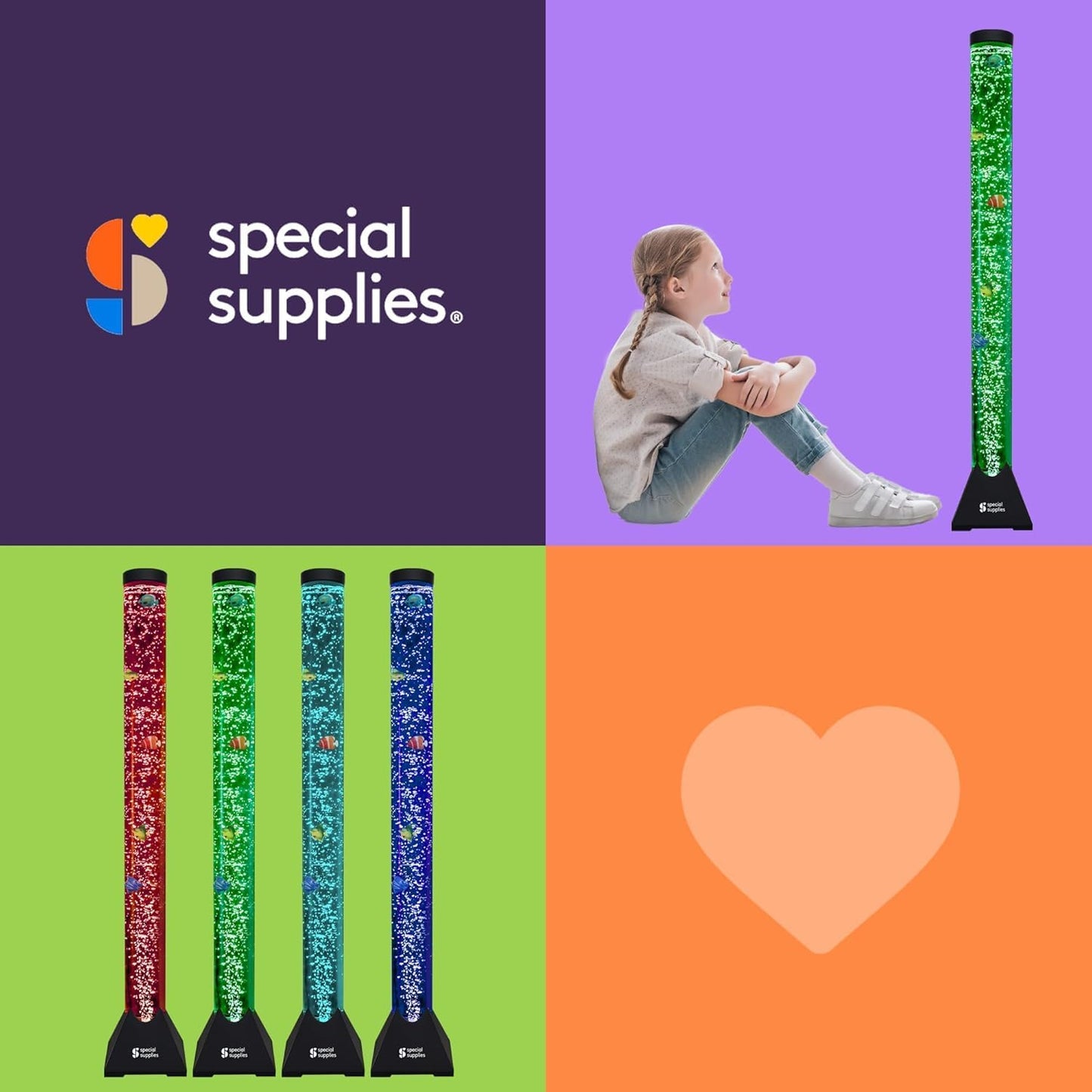 Special Supplies Aquarium Sensory Fish Bubble Light Tube with 16 LED Color Changing Nightlight Effect, Remote Control, and 8 Fishes, Colorful Floor Standing Lamp for Kids and Adults (4 feet) (Style 1)