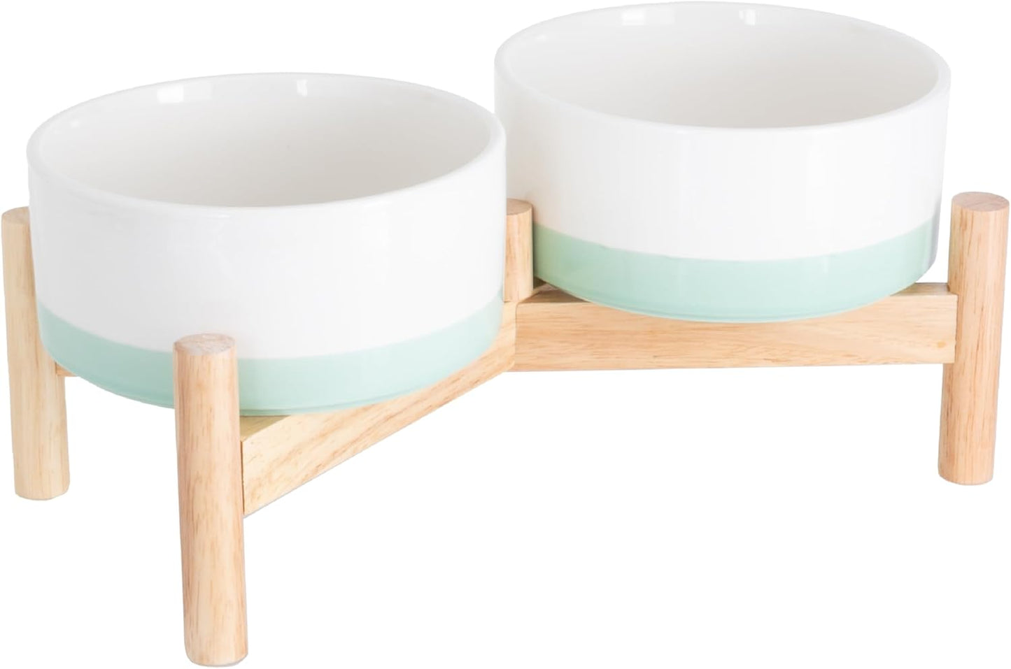 Ilyapa Ceramic Dog Bowls - Elevated for Medium Sized Pet with Raised Food and Water Set - Green Double 6 inch, 28 Oz Bowls & 13x6.3x5.5 Wooden Stand