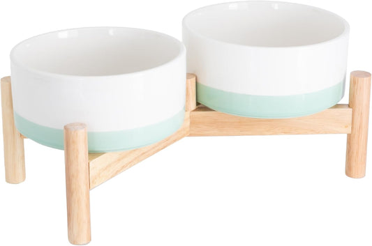 Ilyapa Ceramic Dog Bowls - Elevated for Medium Sized Pet with Raised Food and Water Set - Green Double 6 inch, 28 Oz Bowls & 13x6.3x5.5 Wooden Stand
