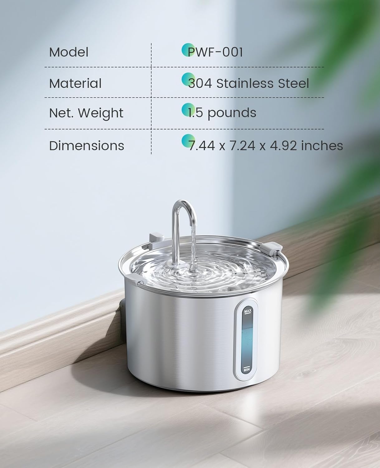 oneisall 2L Stainless Steel Cat Water Fountain with Snap, Anti-Spill Cats Water Fountains with Quiet Pump,Continuous Fresh Water Supply,Pet Water Fountain for Single Kitty & Small Pets
