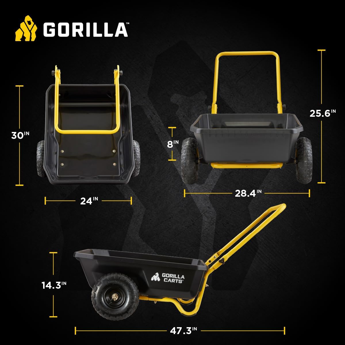 Gorilla Carts GCR-4 Poly Dump Cart, 2-Wheel Garden Wagon with Foldable Handle, 4 cu ft, 300 lb. Capacity, Black/Yellow