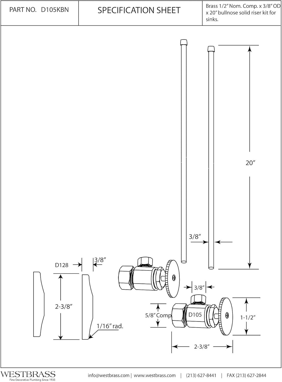 Westbrass A105KBN-01 5/8" x 3/8" OD x 20" Bullnose Riser Supply Line Kit with Round Handle Angle Supply Shut Off Valve for Faucet, Polished Brass