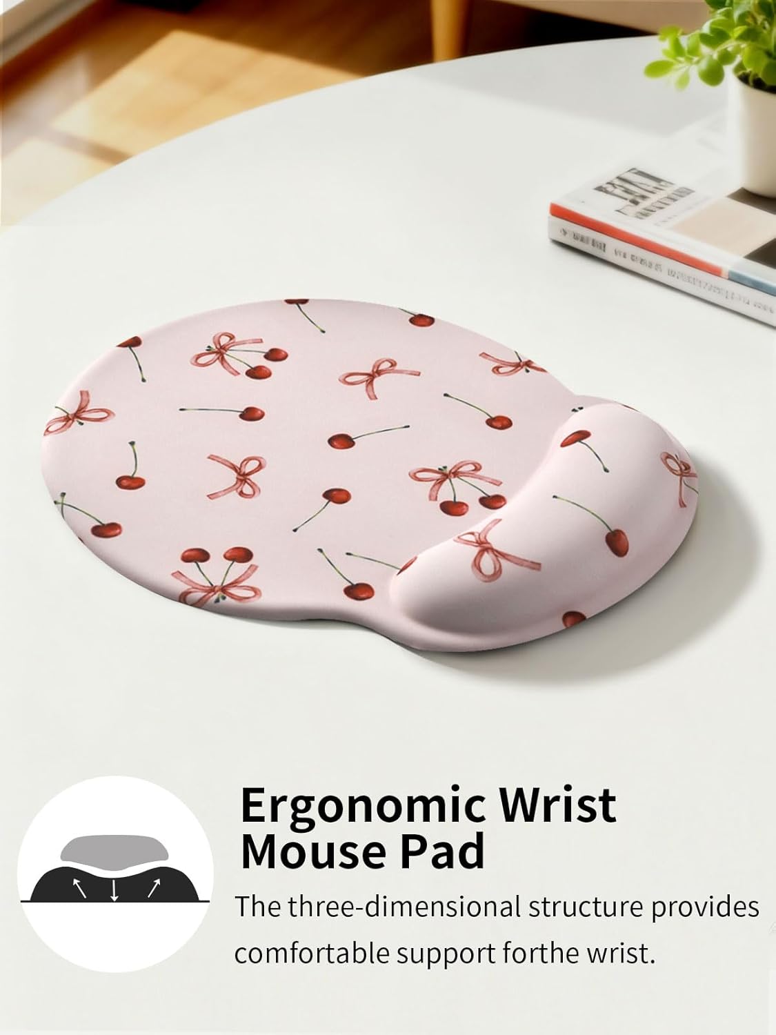 Seorsok Retro Ribbon Bow Cherry Mouse Pad with Gel Wrist Support Mouse Pad,Ergonomic Aesthetic,Comfort Mousepad for Office Work Computer,Pain Relief Mousepad with Non-Slip Silicone Base,Pink