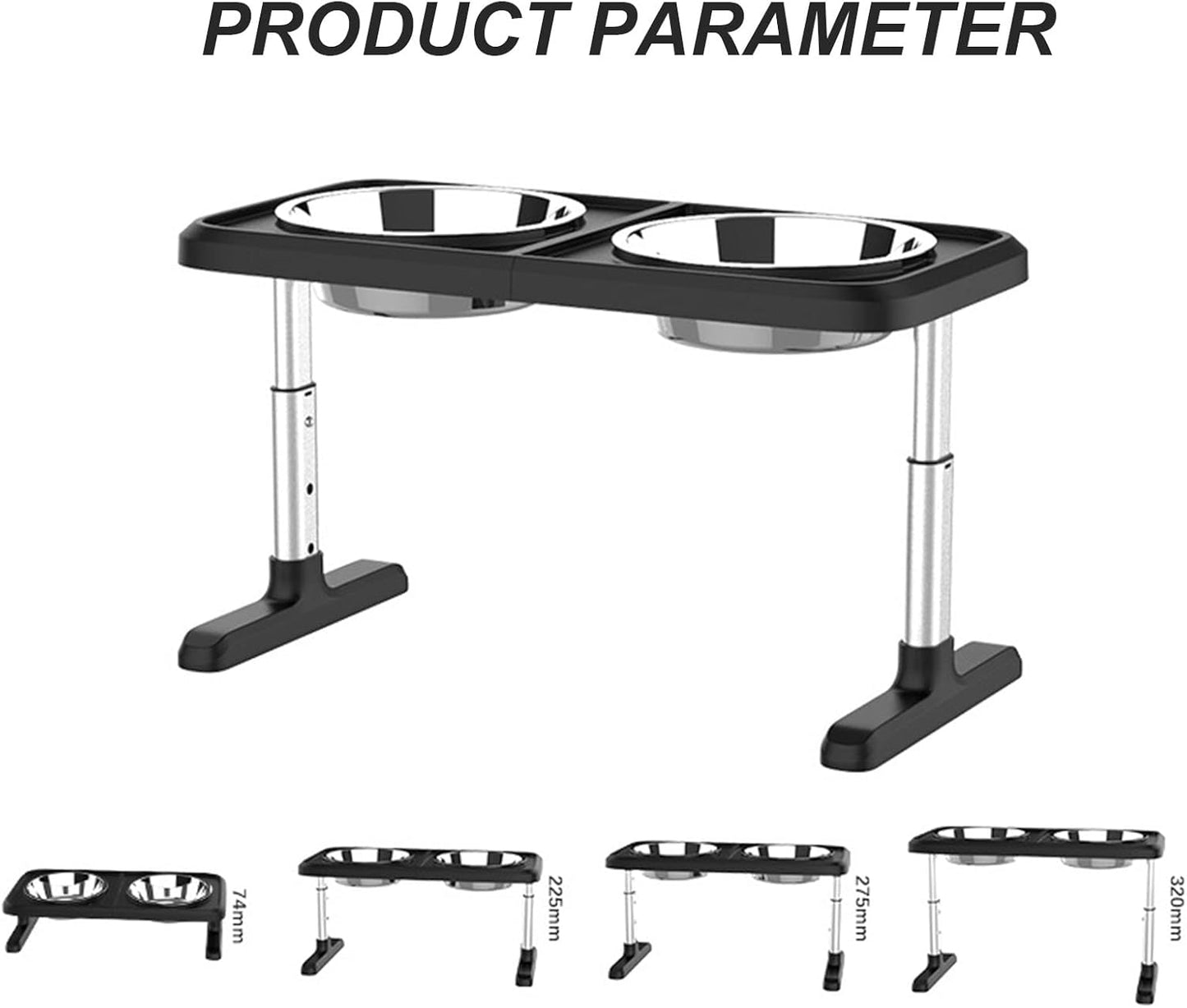 Elevated Dog Bowls, Raised Cat Bowl Stand Feeder with 2 Stainless Steel Food and Water Bowls for Small Medium Large Dogs, 4 Heights 2.9", 8.9", 10.8", 12.6",Black