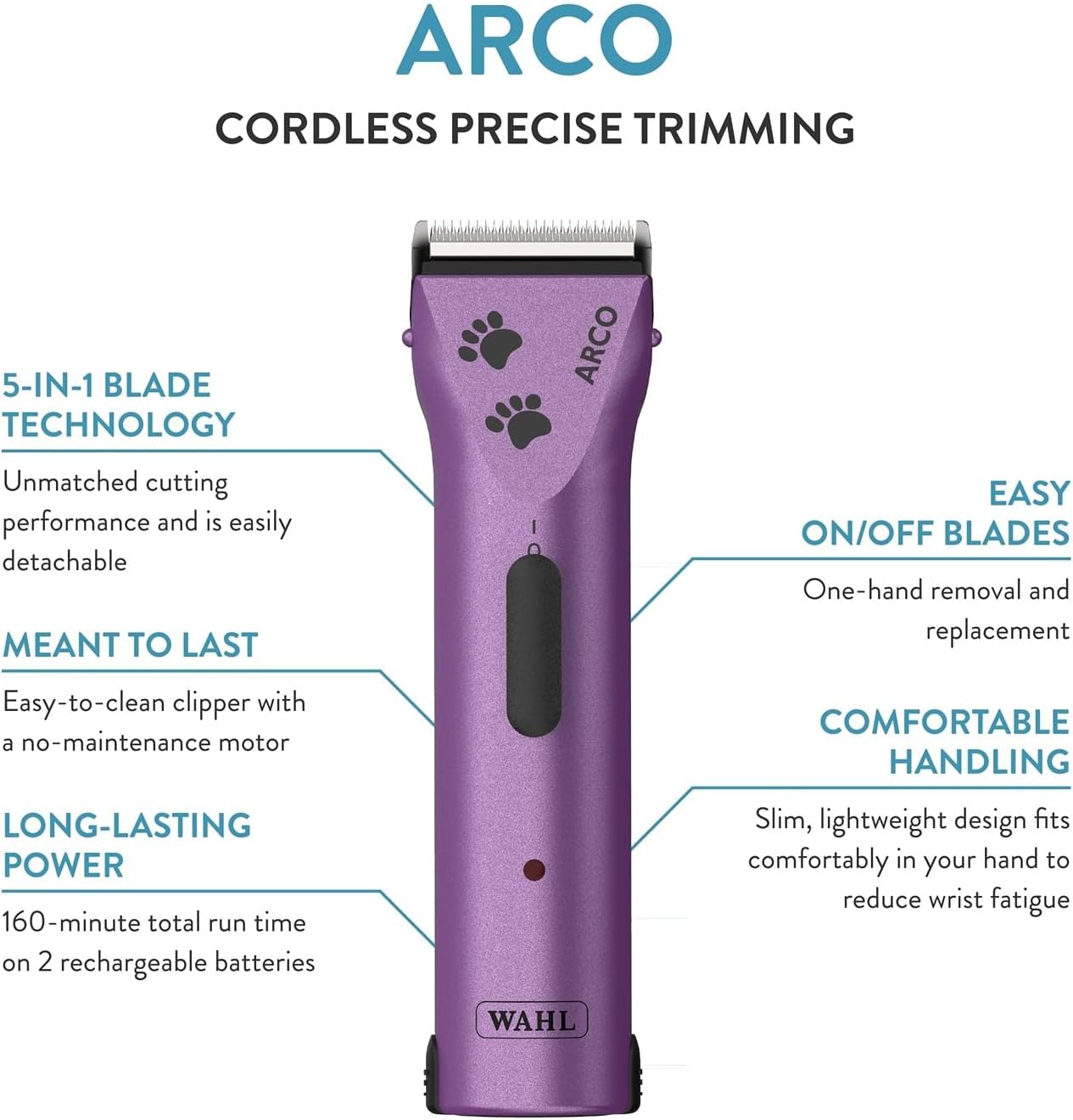 Wahl Professional Animal Arco Pet, Dog, Cat, and Horse Cordless Clipper Kit, Purple (8786-1001)