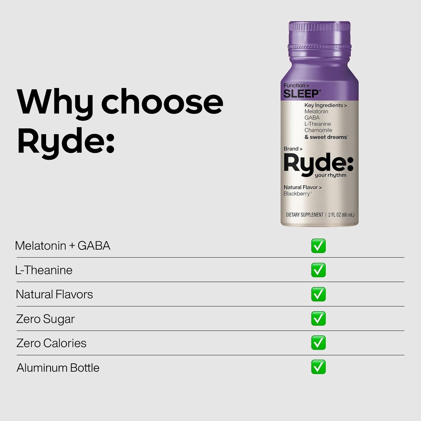 Ryde: SLEEP | 2oz Sleep Shot for Occasional Use | Melatonin, GABA, L-Theanine & Chamomile | Blackberry Natural Flavor | Sugar-Free, Zero Calories, Vegan | Manufactured in USA (8 Pack)