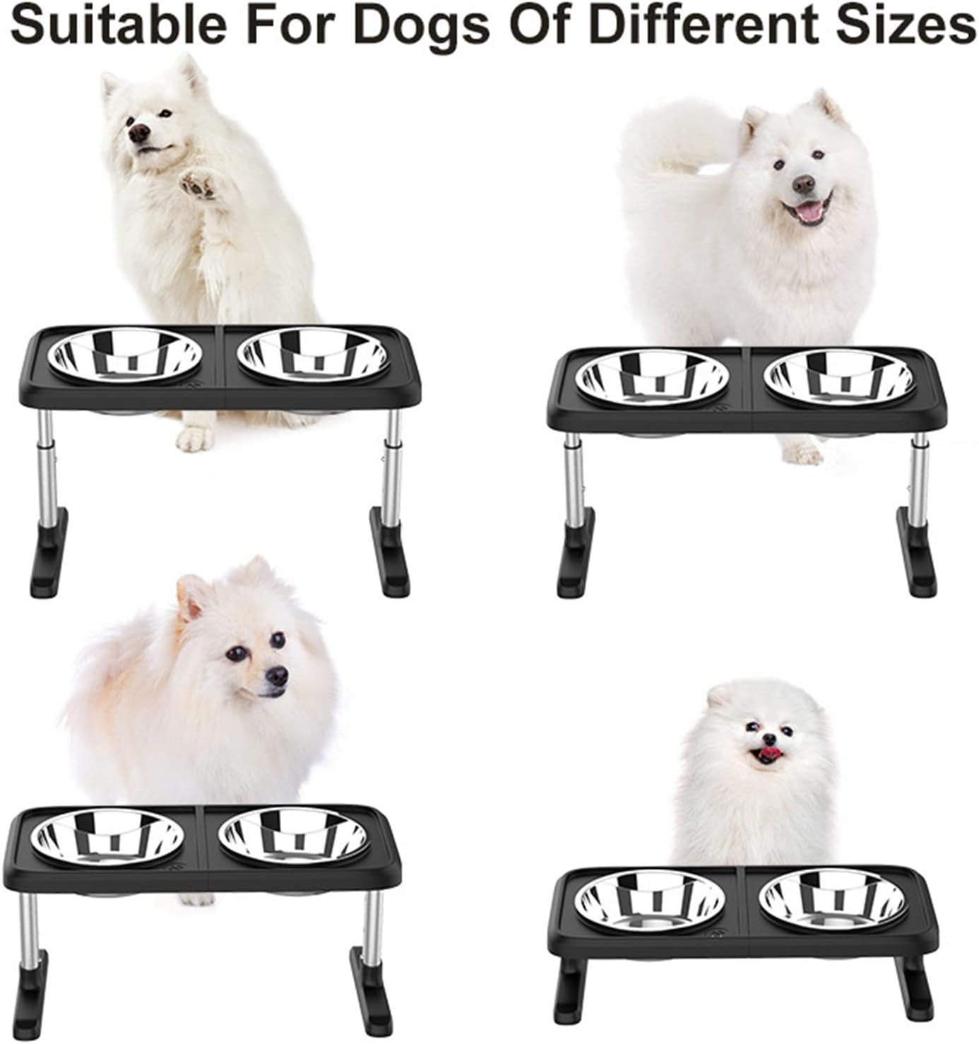 Elevated Dog Bowls, Raised Cat Bowl Stand Feeder with 2 Stainless Steel Food and Water Bowls for Small Medium Large Dogs, 4 Heights 2.9", 8.9", 10.8", 12.6",Black