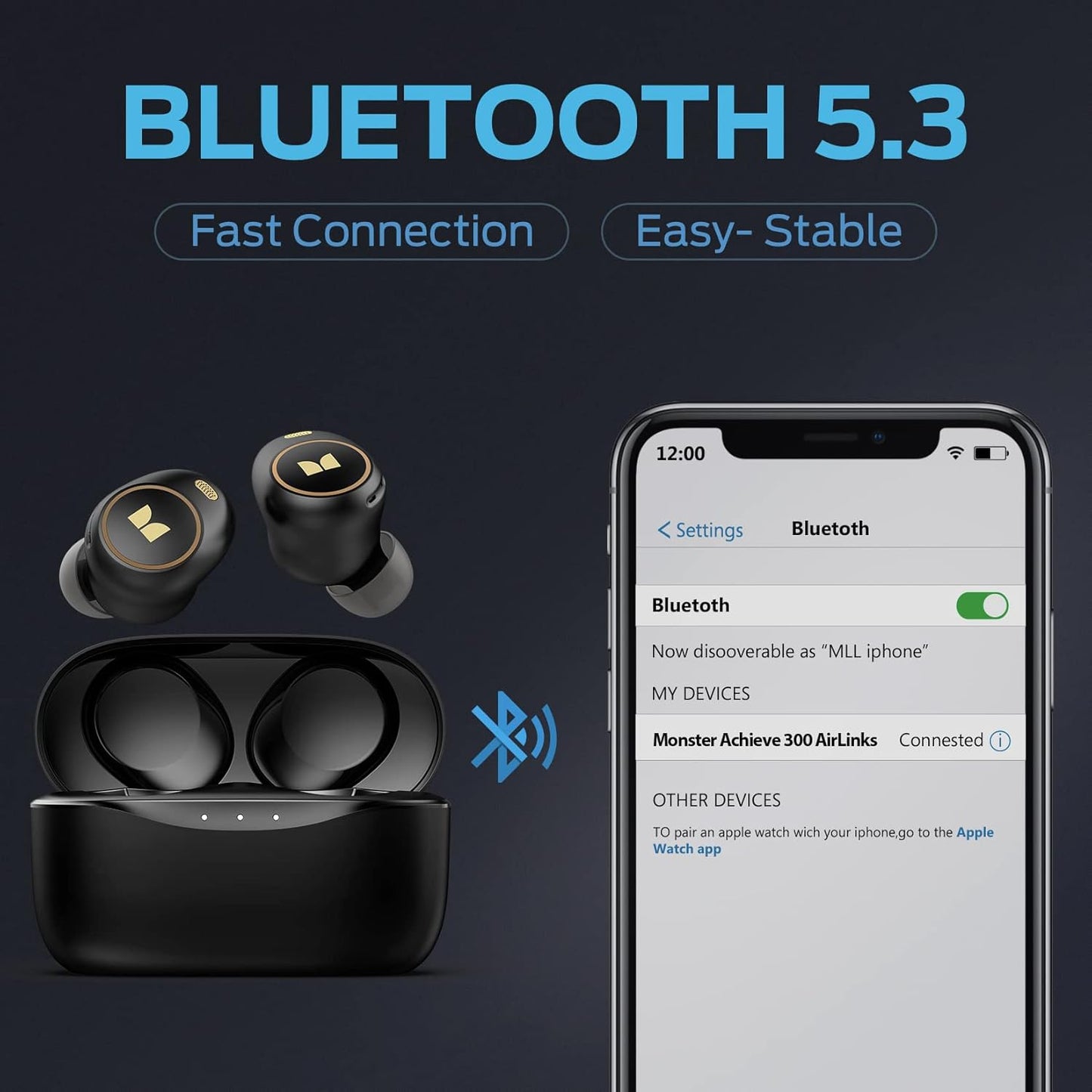 Monster Achieve 300 AirLinks Wireless Earbuds, Bluetooth 5.3 in-Ear Headphones with Charging Case, Stereo Headphones, 32H Playtime Touch Control, Built-in Mic, Clear Call, Black