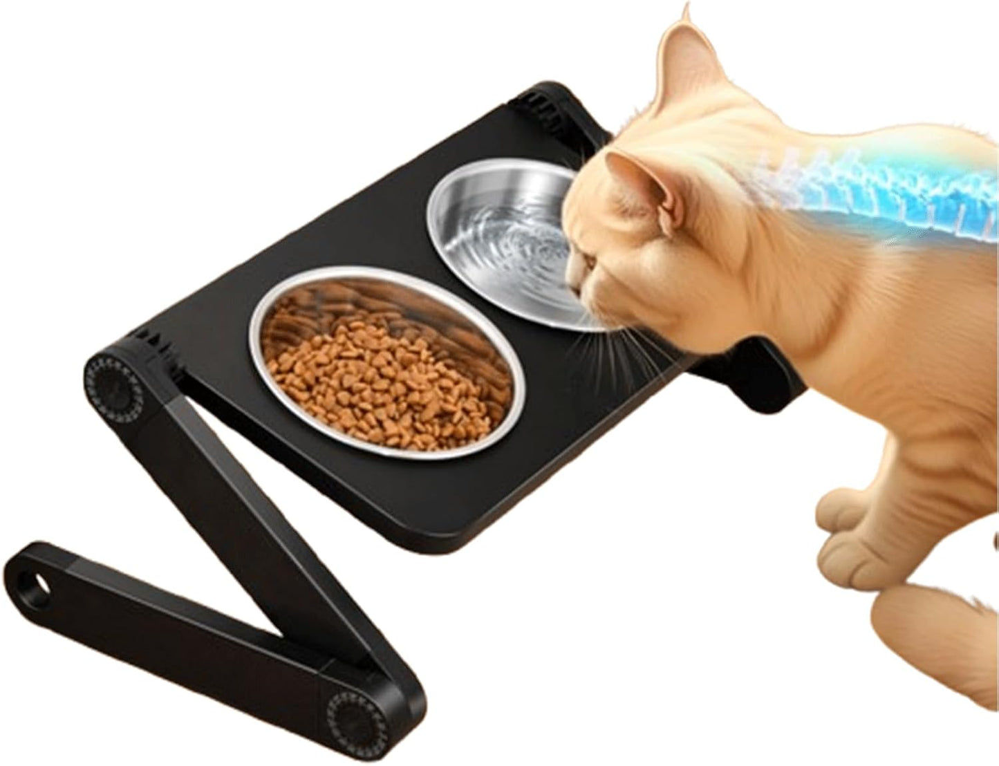 Adjustable Height & Angle Elevated Cat Bowls and Small Raised Dog Bowl with 2 Removable Stainless Steel Bowls - Foldable Raised Feeding Station 15°Tilted Raised for Neck Relief(16.7" x 9"
