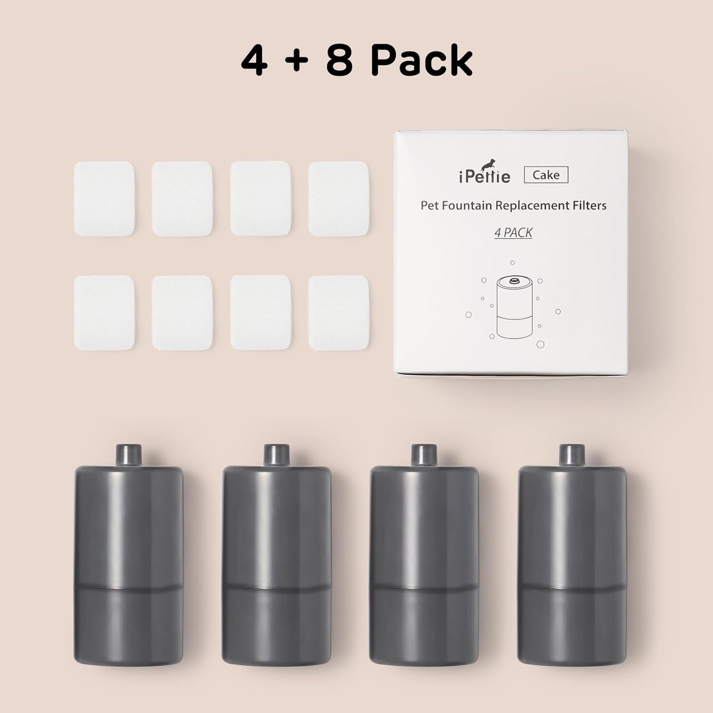 iPettie Water Fountain Replacement Filters Kits for Cake Pet Water Fountain, IP-WF-S04-F4, 4 x Vertical Filter, 8 x Sponge Filter