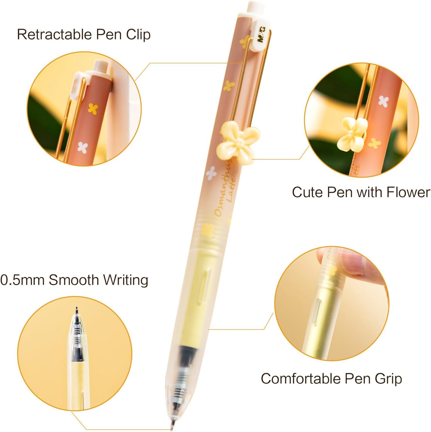 M&G Gel Pens, 4 PCS Black Gel Pens Fine Point 0.5mm, Quick Drying Retractable Gel Ink Rollerball Pens, Cute Gel Ink Pens with Flower for Smooth Writing Office School Gift Women Men