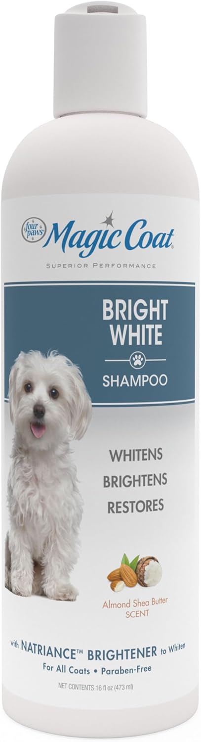 Four Paws Magic Coat Bright White Whitening Shampoo for Dogs with Natriance Brightener, Brightening Dog Wash, Removes Tear Stains, Almond Shea Butter Scent, 16 Ounce
