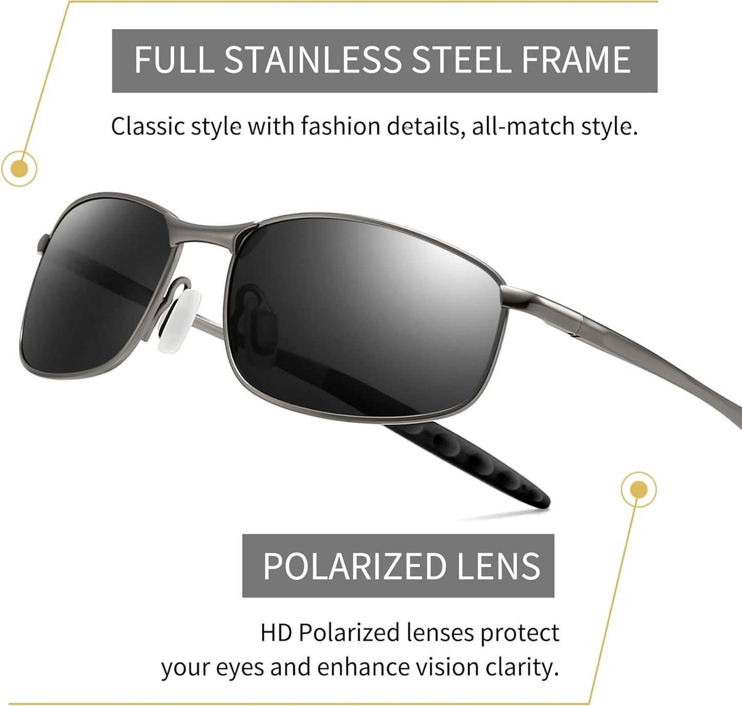 SUNGAIT Mens Narrow Polarized Sunglasses Metal Frame Small Rectangle Retro Durable UV400 Protection