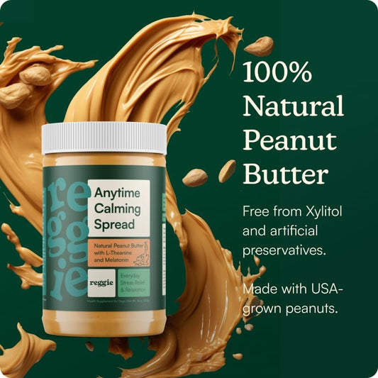 Reggie Calming Spread for Dogs, 100% Natural Peanut Butter with Melatonin & L-Theanine, Short-Term Dog Anxiety Relief, Made in USA 16oz