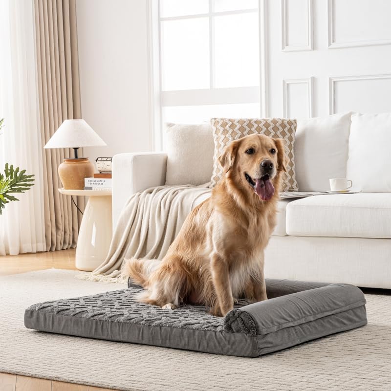 Orthopedic Dog Bed, L-Shaped Plush Sofa with Bolster, Memory Foam Pet Bed, Machine Washable Cover, for All Dog and cat Breeds (Dark Gray, 35" x 25" x 6.5")