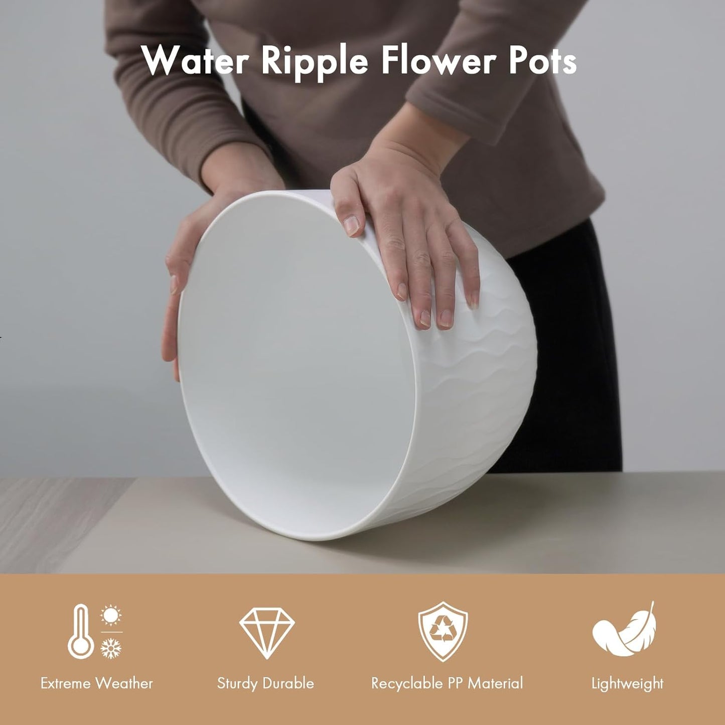 12 Inch Large Plant Pots for Indoor or Outdoor Plants, Wide Water Ripples Flower Pots with Drainage Holes & Saucer, Plastic Planters Set for Garden & Home Decor (White)