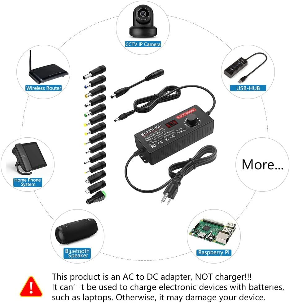 SHNITPWR 4V - 12V Power Supply 10A 120W AC to DC Adapter DC 4V 4.5V 5V 6V 7V 8V 9V 10V 11V 12V Voltage Adjustable Universal Power Converter Transformer 100-240V AC In with 14 Tips & Polarity Converter