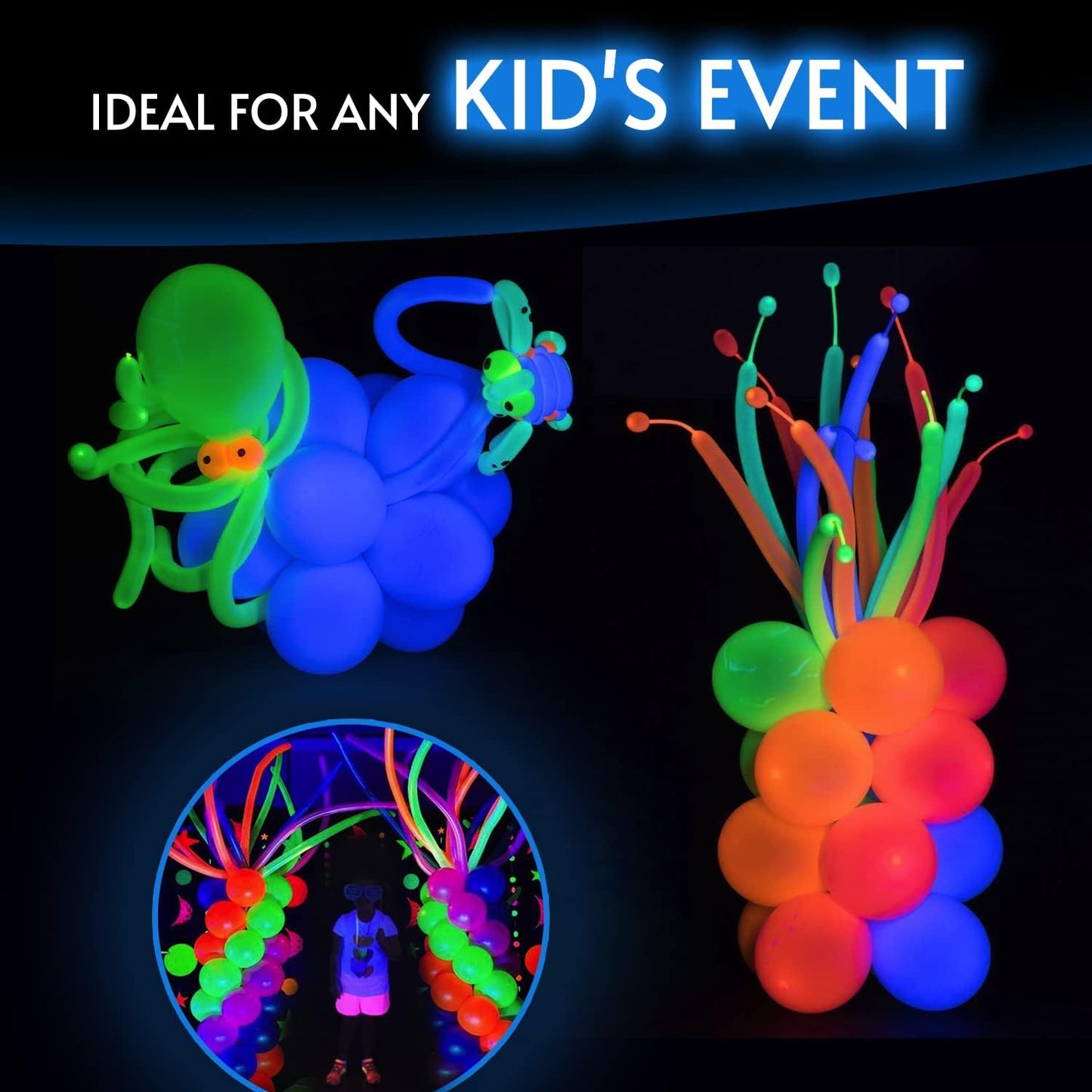 Glow King Neon Tying Balloons - Fluorescent Neon Glow Party Balloons for Tying Balloon Animals - Blacklight Reactive Party Supplies - Neon Party Decorations for Black Light Parties - (75)