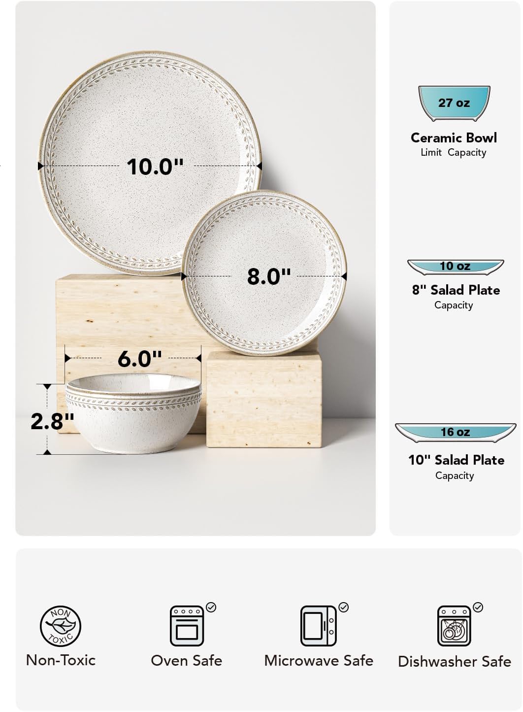 LE TAUCI Dinnerware Sets for 4, 12 Piece Ceramic Dish Set with Plates and Bowls | Oven/Dishwasher/Microwave Safe | Ideal for Housewarming | Reactive Beige (10" Plate+8" Dish+27oz Bowl)