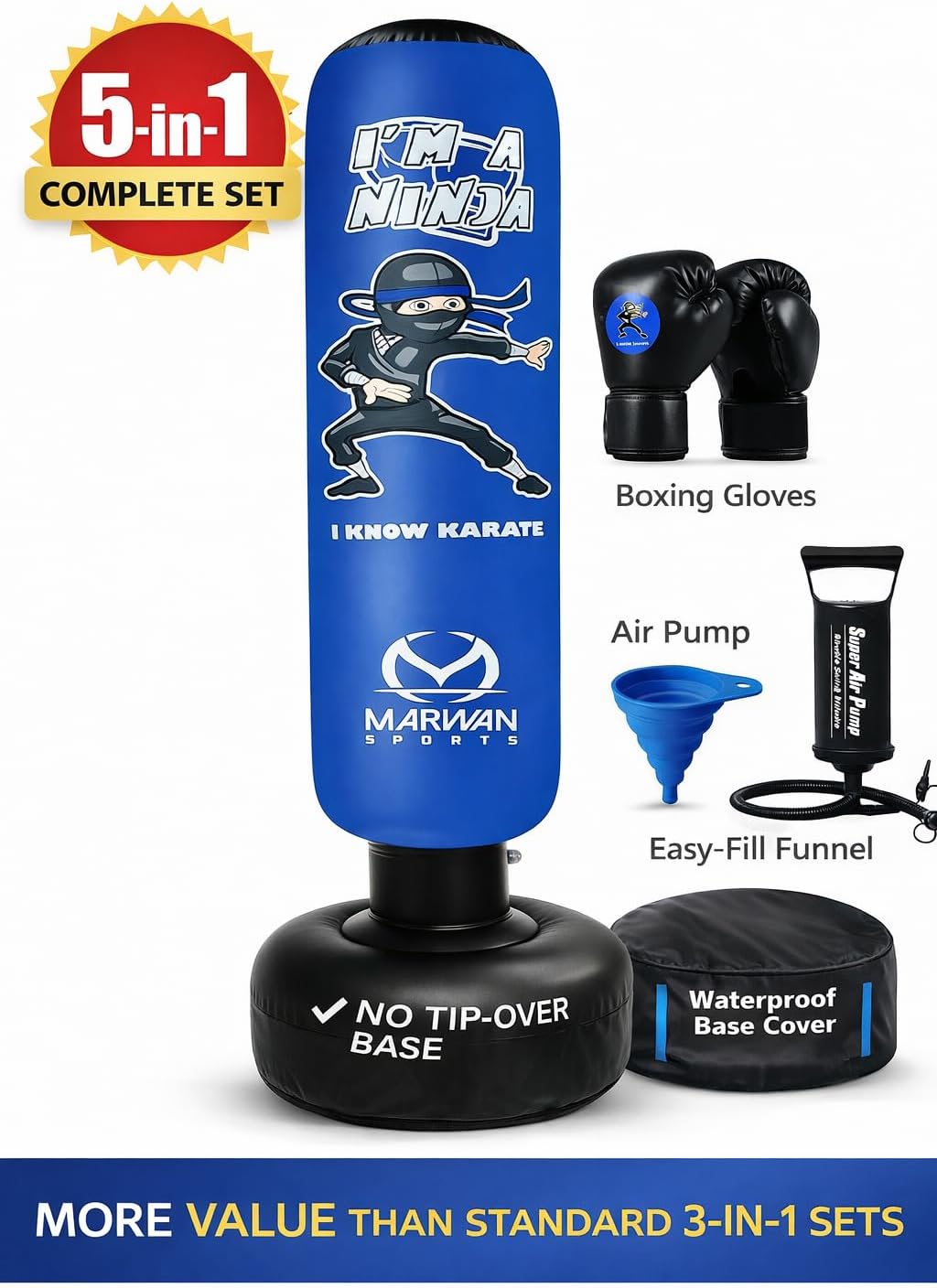 Marwan Sports 5-in-1 Kids Punching Bag Set with Gloves, Pump & Funnel – 63” Inflatable Boxing Bag for Kids 4-12, Durable PVC, Fast Rebound, Waterproof Base Cover with Handles, Gift for Boys & Girls