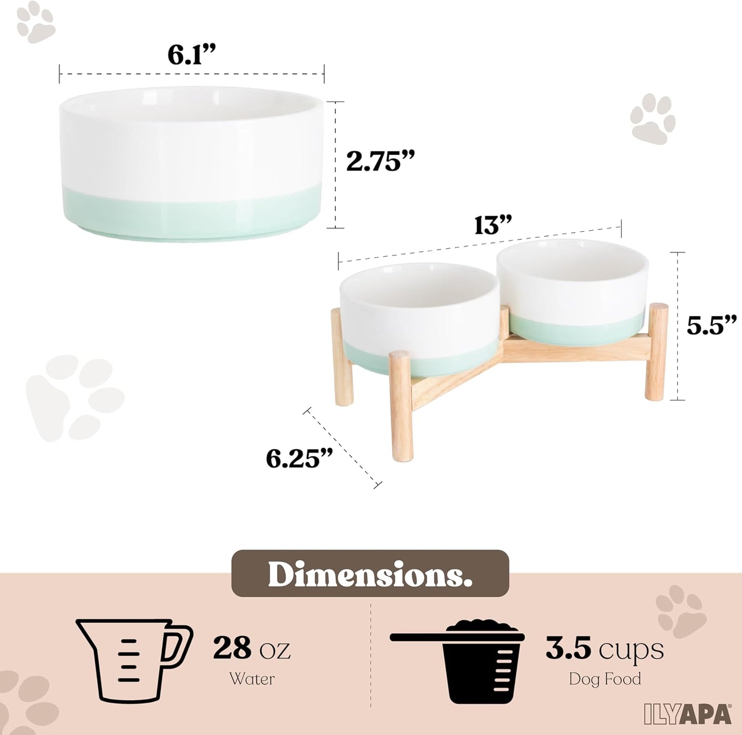 Ilyapa Ceramic Dog Bowls - Elevated for Medium Sized Pet with Raised Food and Water Set - Green Double 6 inch, 28 Oz Bowls & 13x6.3x5.5 Wooden Stand