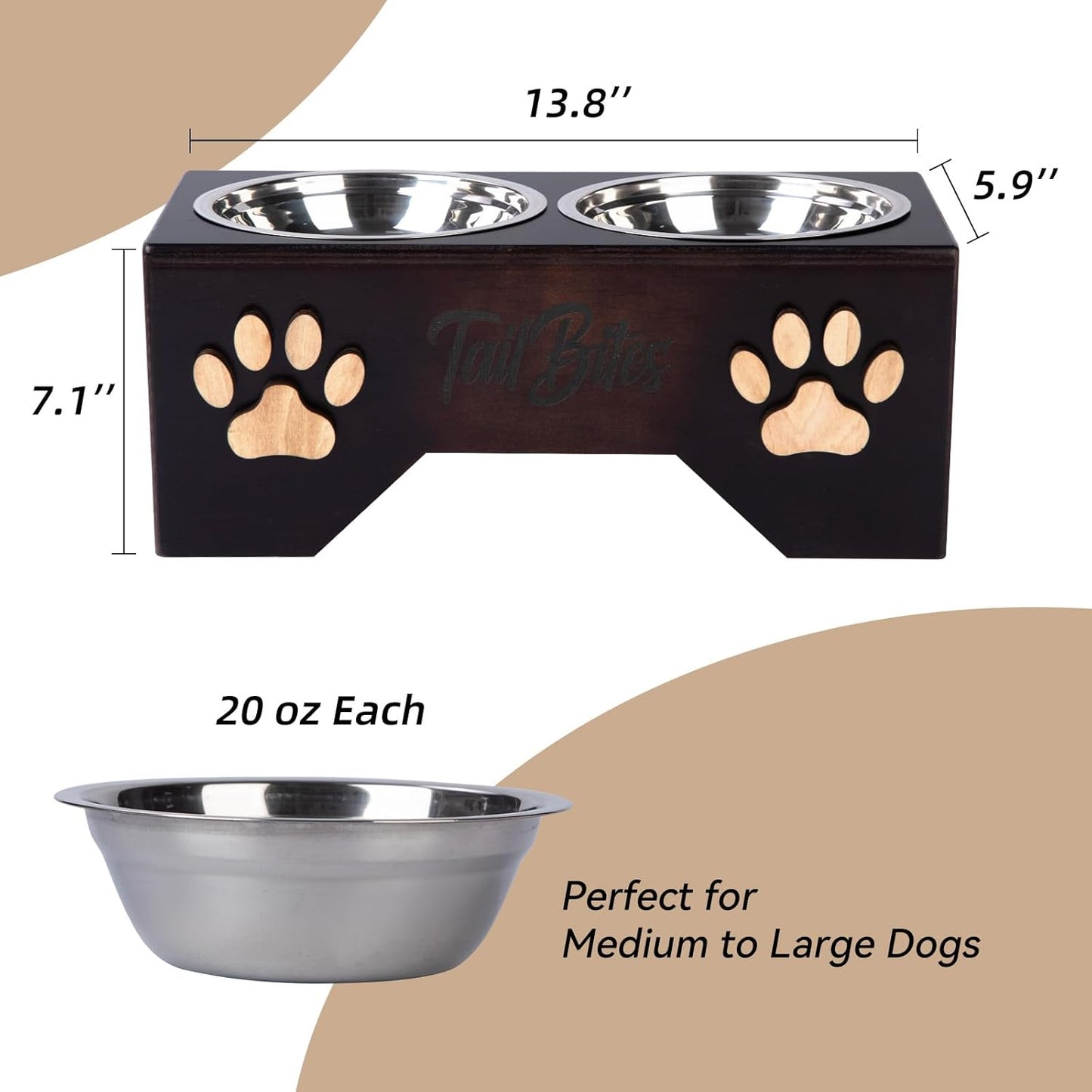 Raised Dog Bowls for Medium & Large Dogs – Wooden Elevated Dog Feeder Stand with 2 Stainless Steel Bowls + Bonus Chew Treat (14” x 7” x 6”)