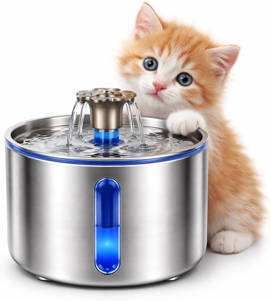 Cat Water Fountain Stainless Steel 84oz/2.5L, Automatic Pet Fountain with LED Water Level Indicator, Auto Power-Off & Ultra-Quiet Pump, 304 SS Water Dispenser for Cats and Dogs