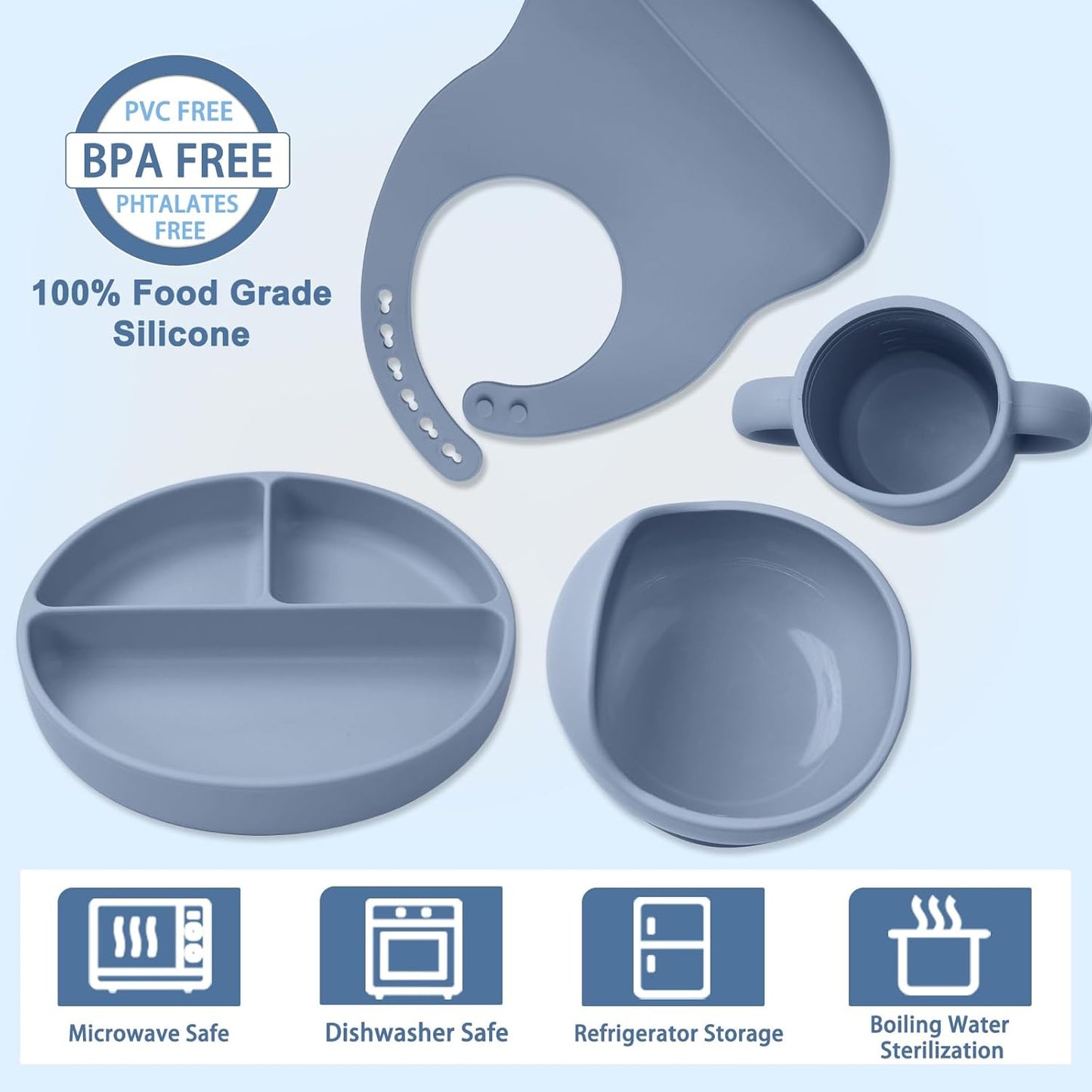 LITTLE RAWR Silicone Baby Feeding Set 14 Pcs,Baby Led Weaning Supplies, Baby Spoons Suction Bowl Divided Plate Bib Cup Finger Brush,First Stage Solid Food Eating Utensils - 6+ Months(Blue Gray)