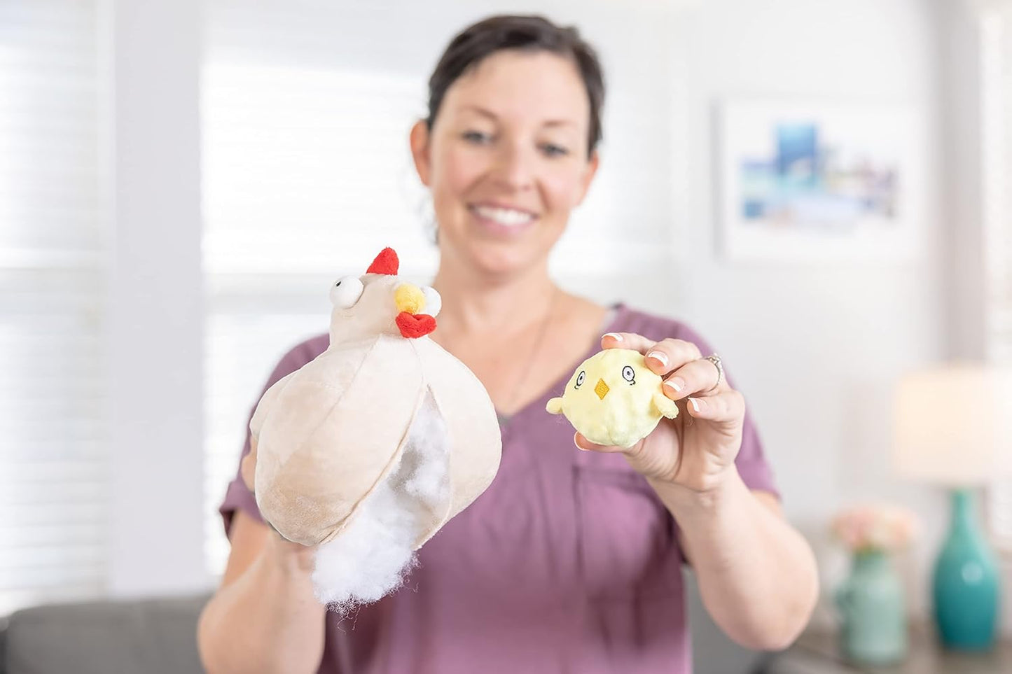 Downtown Pet Supply 2 in 1 Stuffed Plush Chicken Toy - Tearable With Durable Light Up Squeaker Inside for Medium and Large Dogs - Chew Toys for Aggressive Chewers