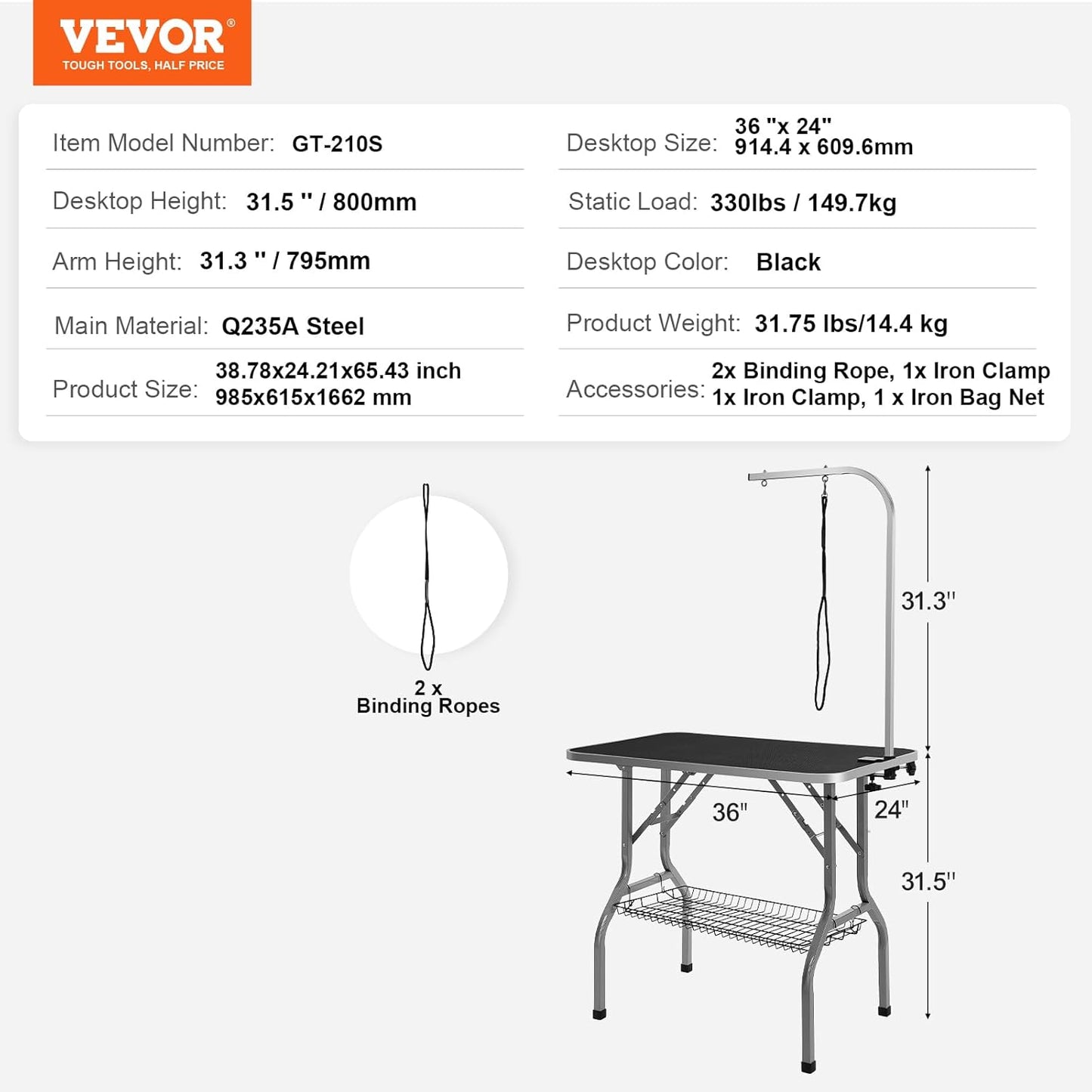 VEVOR Pet Grooming Table Arm with Clamp, 36''x24'' Dog Grooming Station, Foldable Pets Grooming Stand for Medium and Small Dogs, Free No Sit Haunch Holder with Grooming Loop, Bearing 330lbs