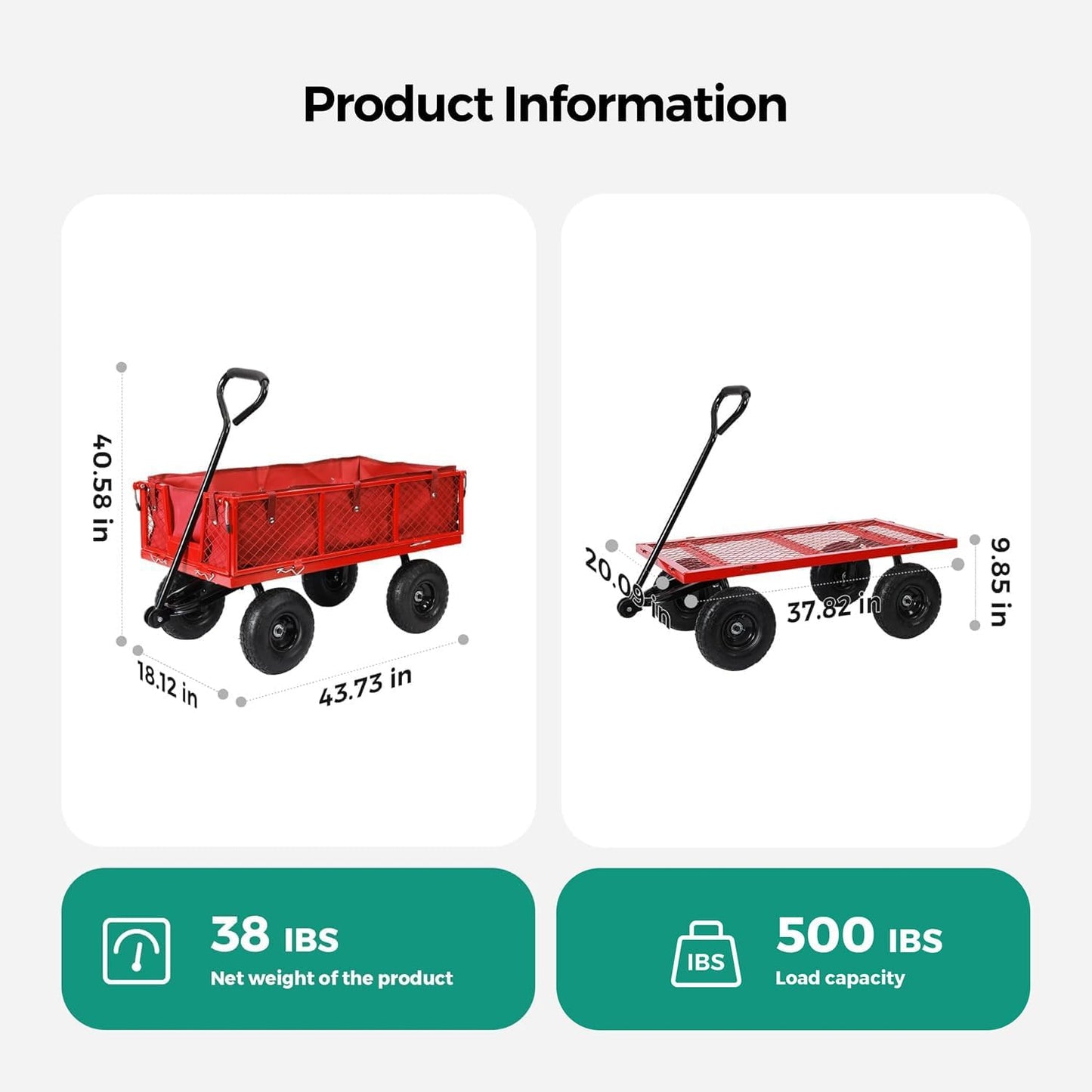 SUNNYFEEL 500 Lbs Capacity Heavy Duty Mesh Steel Garden Cart,Folding Utility Wagon with Removable Side Nets, Non-Slip Rubber Base, Red,Upgraded Version