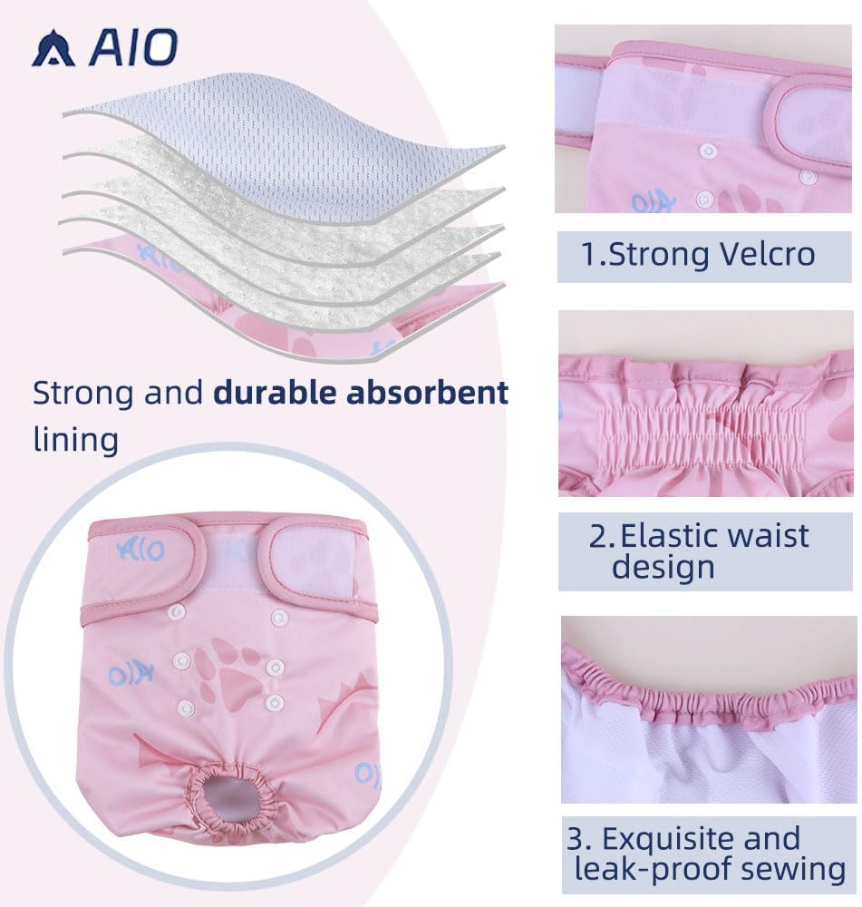 AIO Dog Diapers Female(3 Pack), Small Medium Large Highly Absorbent Wraps Reusable Dog Diapers Female