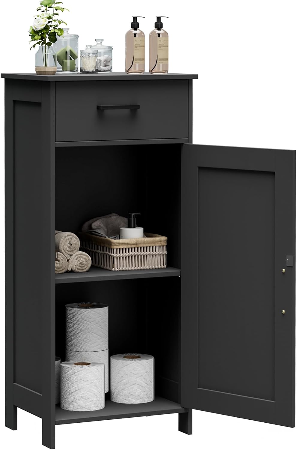 Homhedy 35.4" H Bathroom Cabinet with Drawer, Bathroom Organizers and Storage, Adjustable Shelves, Floor Cabinet for Living Room, Entryway, Kitchen, Black, (15.7" W)