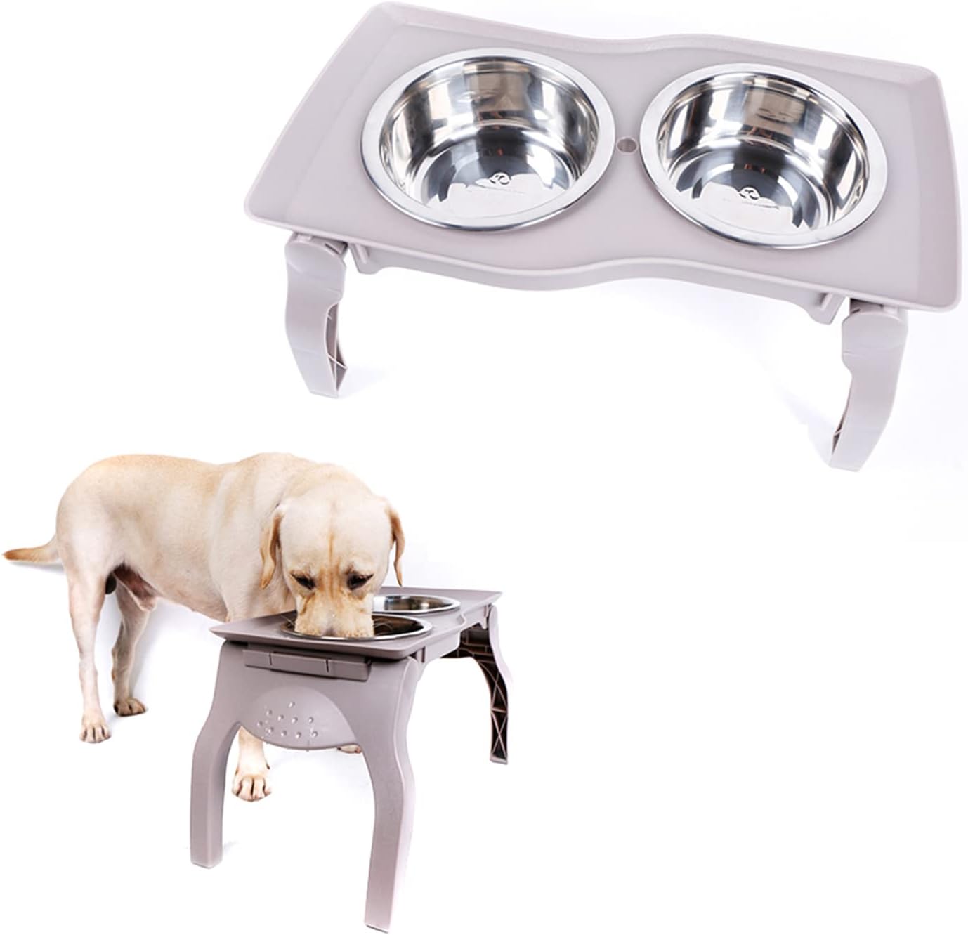 Elevated Dog Bowl Stand, Adjustable Elevated Dog Bowls with 2 Stainless Steel Food & Water Bowls, Raised Dog Feeder with a Folding Shelf,M-Double